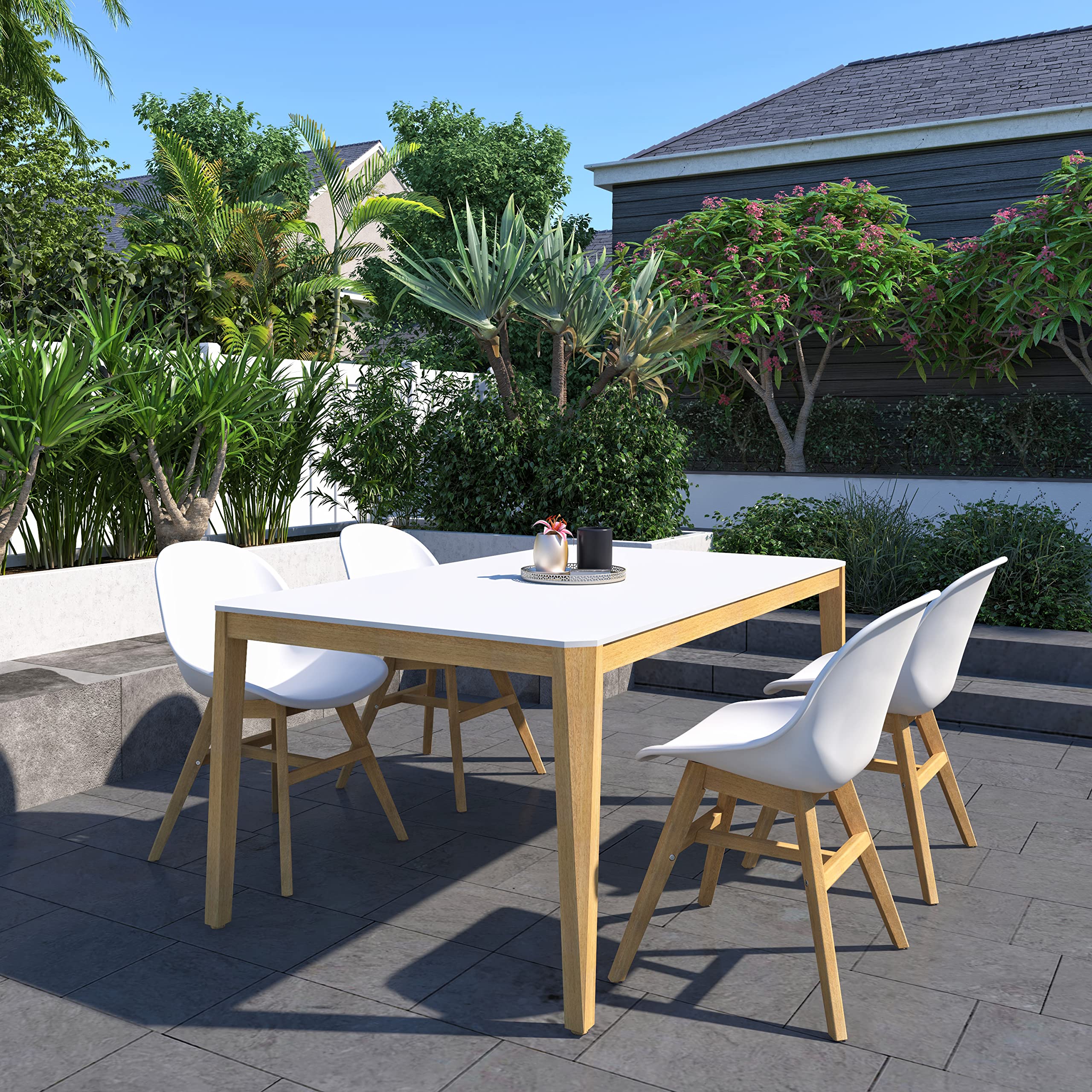 Urban Elements Eugène 5-Piece Patio Dining Set - FSC Certified Eucalyptus Wood with Teak Finish - Outdoor Backyard Furniture Set with Rectangular Table & Side Chairs (White) - Perfect for Garden, Deck, Poolside & Alfresco Dining