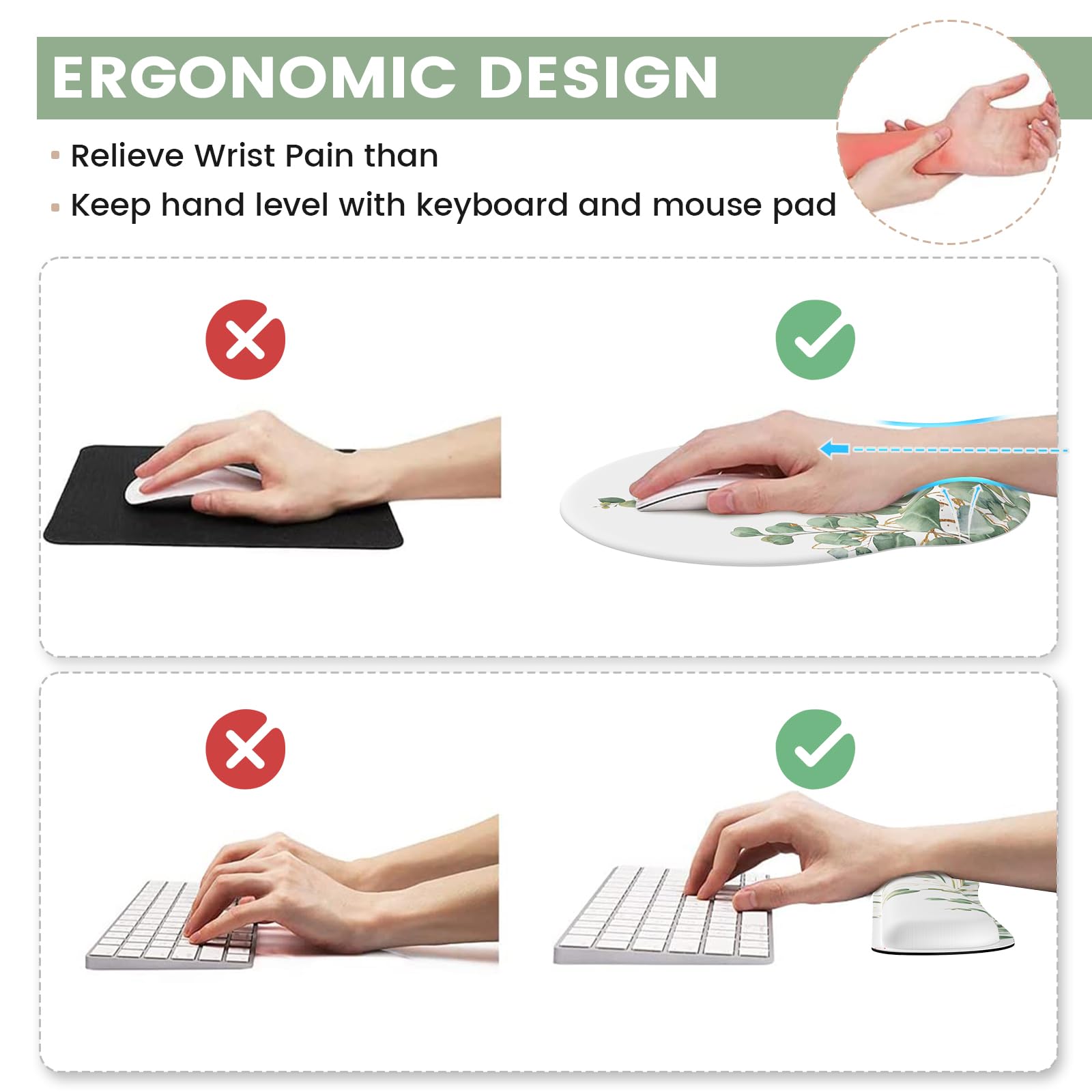 Ergonomic Mouse Pad with Wrist Rest Set - Comfortable Keyboard & Mouse Pad for Pain Relief, Non-Slip Base for Home & Office Computer Workstations - Perfect for Typing, Gaming, and Long Work Sessions (Eucalyptus Design)