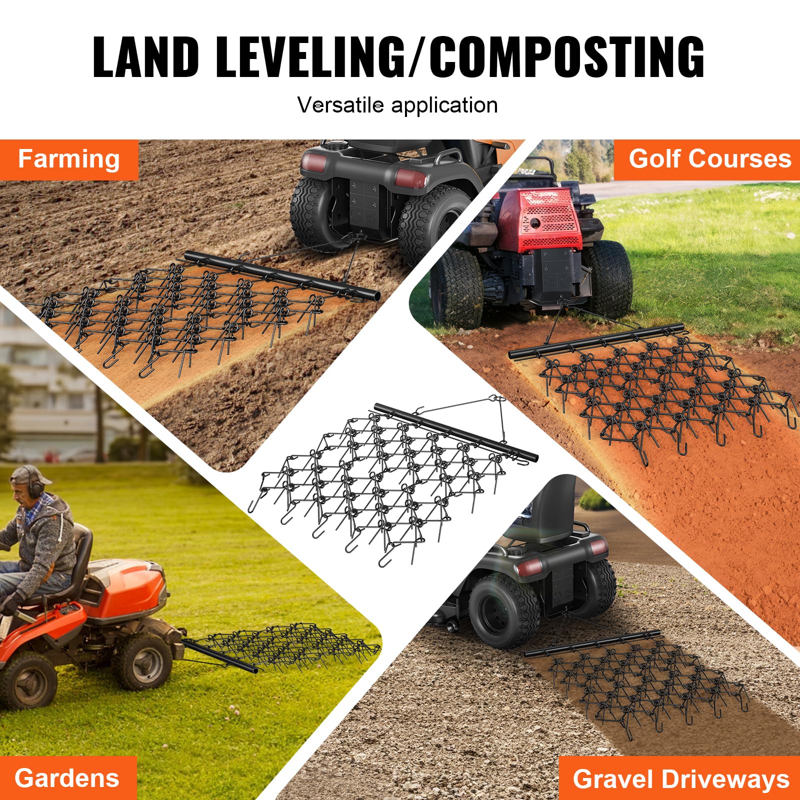 VEVOR 4'x5.6' Drag Chain Harrow with 69 Teeth - Heavy Duty ATV/UTV Tractor Attachment for Lawn Care, Soil Preparation, Seeding & Landscaping - Perfect for Sod Prepping, Yard Leveling & Gravel Driveway Maintenance (Black)