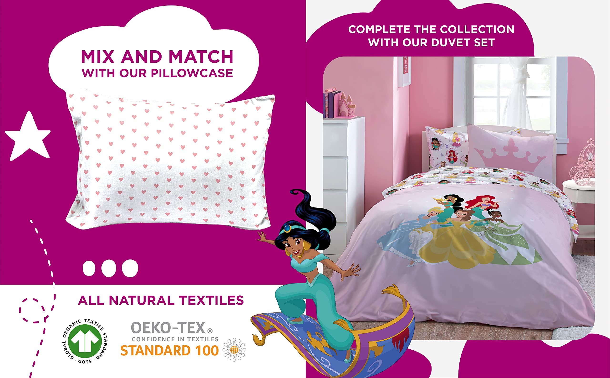 Disney Princess Besties Twin Sheet Set - 3 Piece 100% Organic Cotton Bedding - GOTS & Oeko-TEX Certified (Official Disney Licensed) - Perfect for Kids' Rooms, Sleepovers & Disney Themed Bedrooms