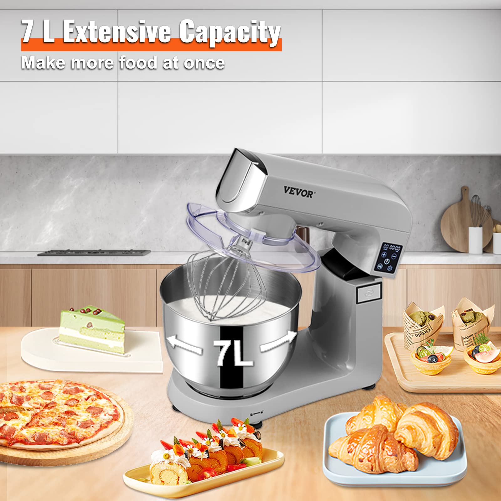 VEVOR 6-in-1 Stand Mixer 450W Tilt-Head Electric Kitchen Mixer with 6 Speeds LCD Timer, 7.4Qt Stainless Steel Bowl - Includes Dough Hook, Flat Beater, Whisk, Scraper, Grinder & Sausage Stuffer - Perfect for Baking, Cooking, Meal Prep & Home Kitchen Use (Gray)
