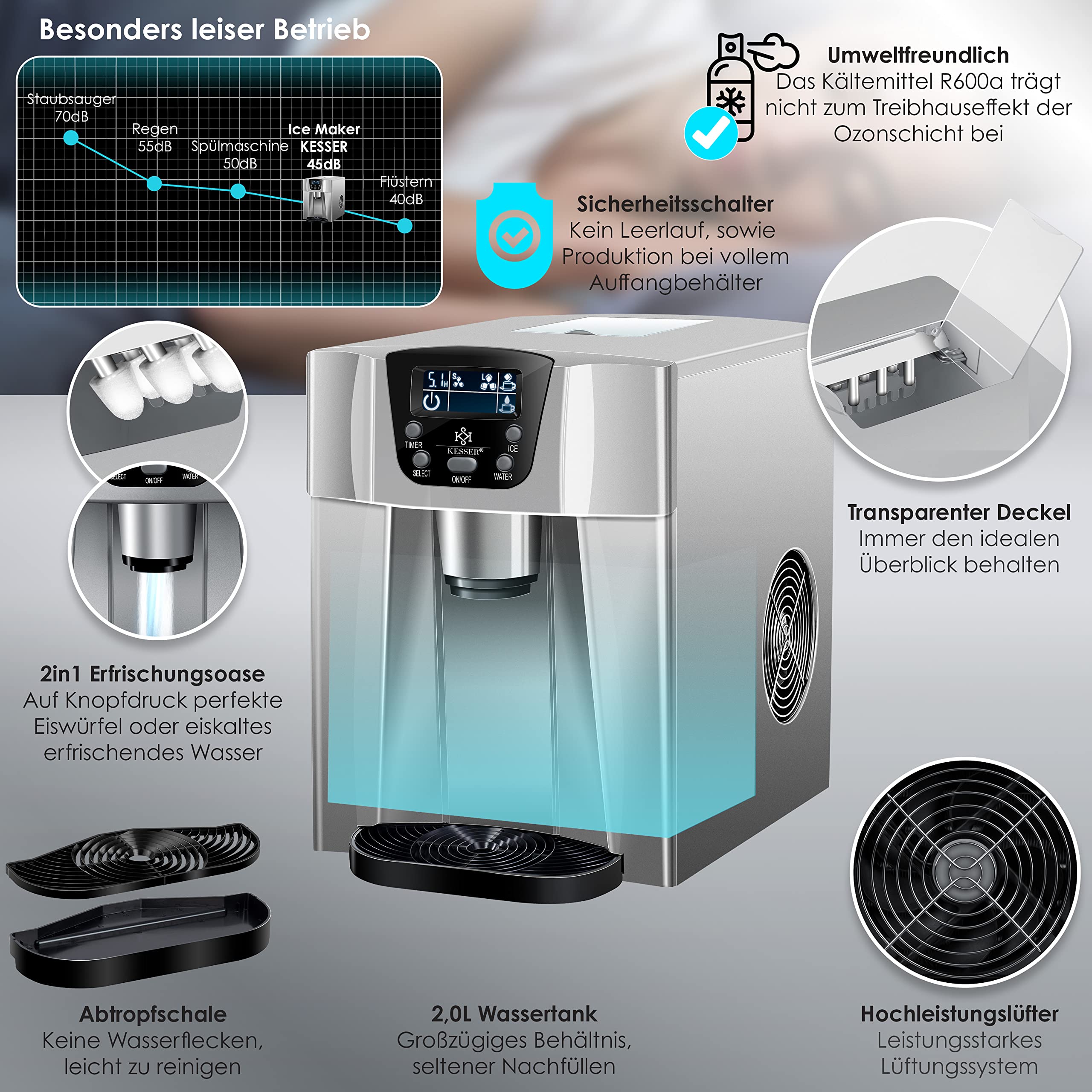 KESSER® Stainless Steel Ice Maker Machine - 100W, 12kg/24h, 2 Ice Cube Sizes, 6-Minute Fast Freeze, 2L Water Tank - Perfect for Home, Office, Parties & Outdoor Use
