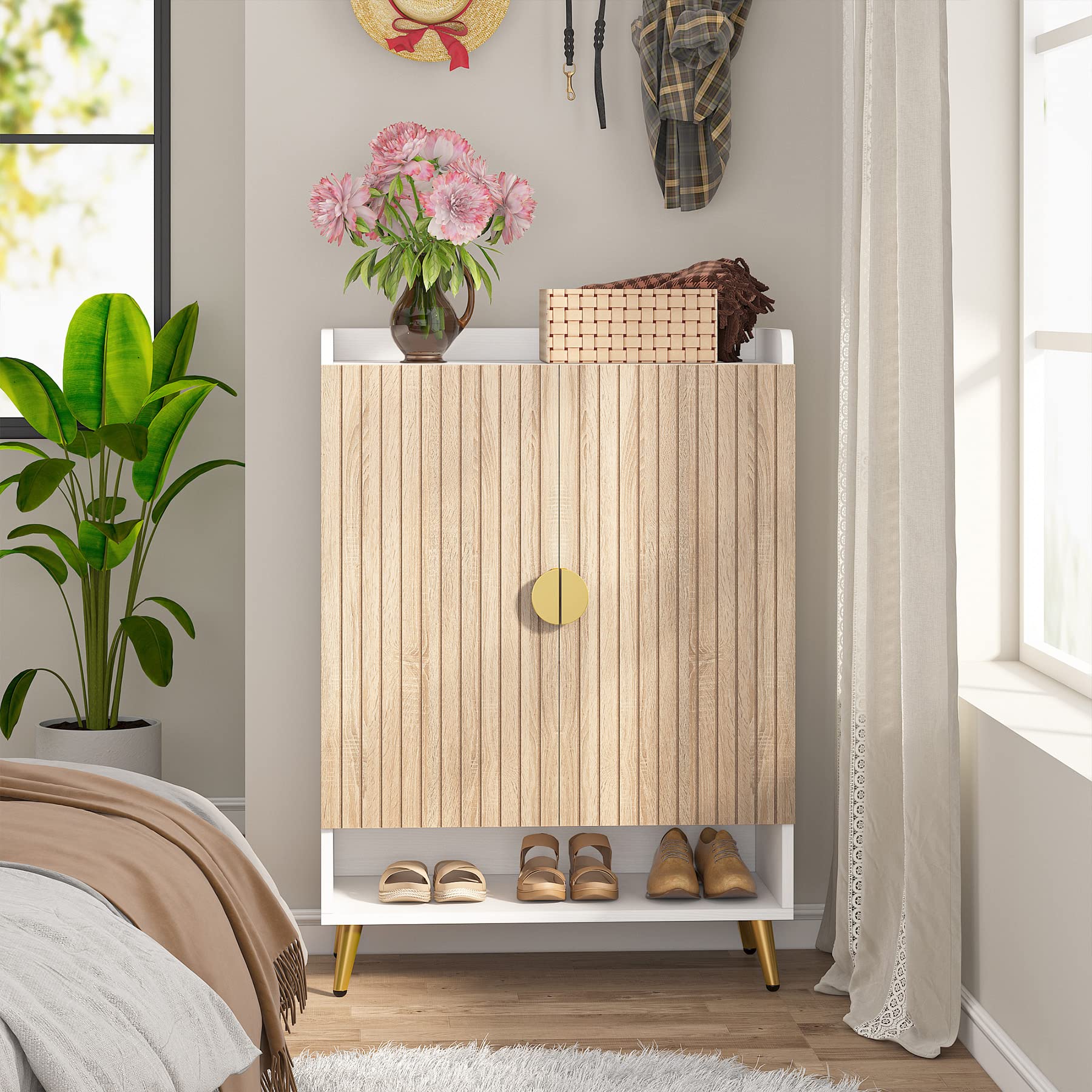 Tribesigns 7-Tier Wooden Shoe Cabinet with Adjustable Shelves & Doors - Modern Shoe Storage Organizer for Entryway, Hallway, Closet, Living Room - Gold Accent Wooden Shoe Rack for Home Organization & Space Saving