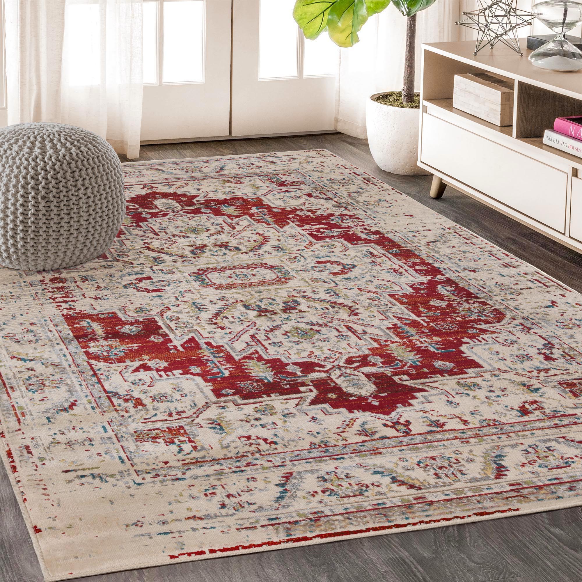 Marquis Modern Farmhouse Medallion Indoor Area Rug - Non-Slip Vintage Design Living Room Carpet for Home Decor, Bedroom, Dining Room