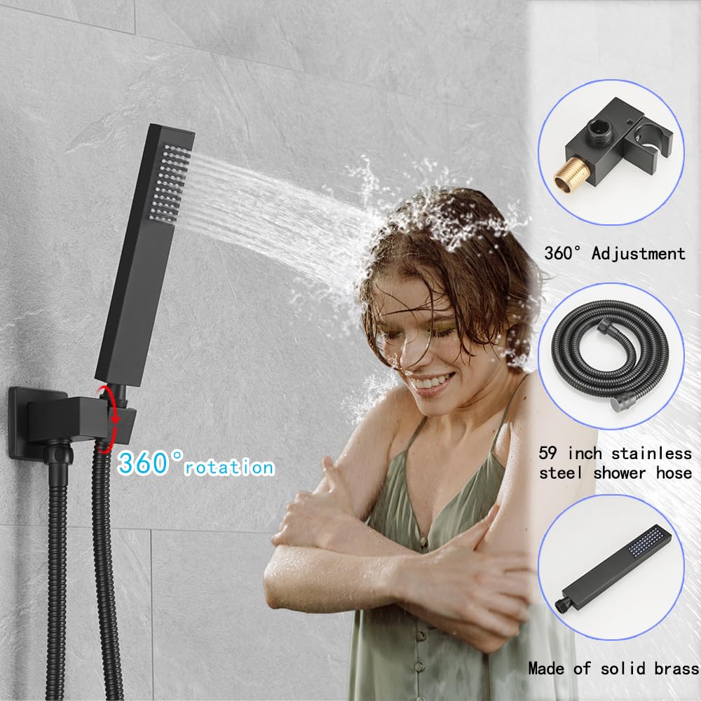 Premium Matte Black Shower System - 8 Inch High Pressure Rainfall Showerhead with Handheld Sprayer | Wall Mounted Bathroom Faucet Set with Rough-in Valve & Trim Kit | Perfect for Master Bath, Spa-Like Experience & Modern Home Renovation