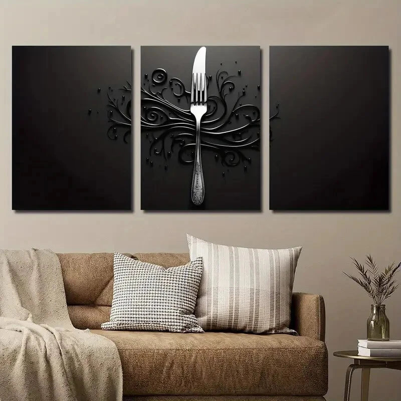 3-Piece Abstract Cutlery Design Wall Art Set - Framed Canvas 40x60cm | High Quality Print | 100% Australian Made | Ready to Hang | Perfect for Kitchen, Dining Room & Modern Home Decor