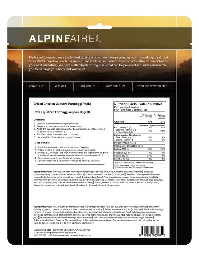 AlpineAire Grilled Chicken Quattro Formaggi Pasta - Freeze Dried Backpacking Meal | Lightweight Camping Food for Hiking, Emergency Prep & Outdoor Adventures