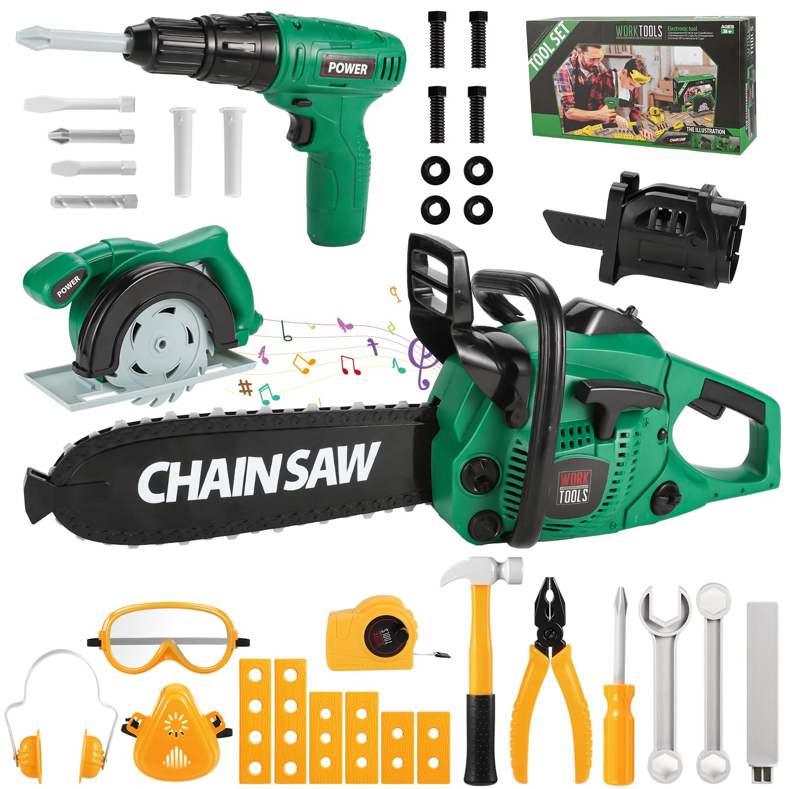 Mathea Kids Tool Set - Pretend Play Construction Toys for Boys & Girls Ages 3-6 with Electronic Drill & Chainsaw - STEM Learning Toys for Toddlers - Perfect for Birthday Gifts & Role Play Activities