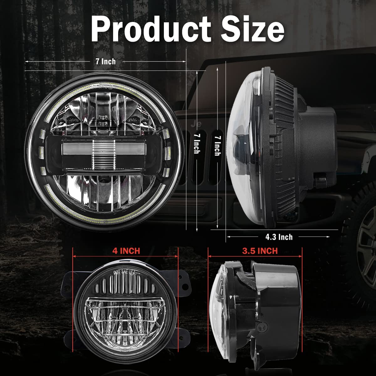 AUDEXEN 7 Inch Black LED Headlights with DRL High Low Beam + 4 Inch Black Smiley LED Fog Lights for Jeep Wrangler JK JKU TJ LJ (1997-2018) - Off-Road Adventure & Night Driving Upgrade