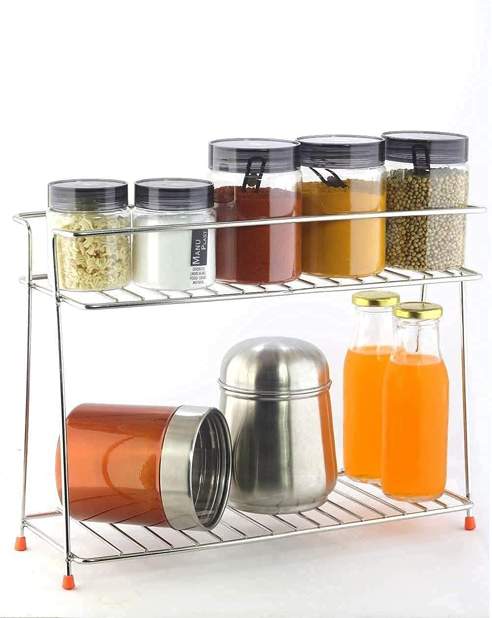 CR18 COLLLECTION 2-Tier Stainless Steel Kitchen Rack, Countertop Organizer, 40L x 8W x 4H Corner Storage Rack for Spices, Utensils, and Small Appliances (Silver, 1 Pc)
