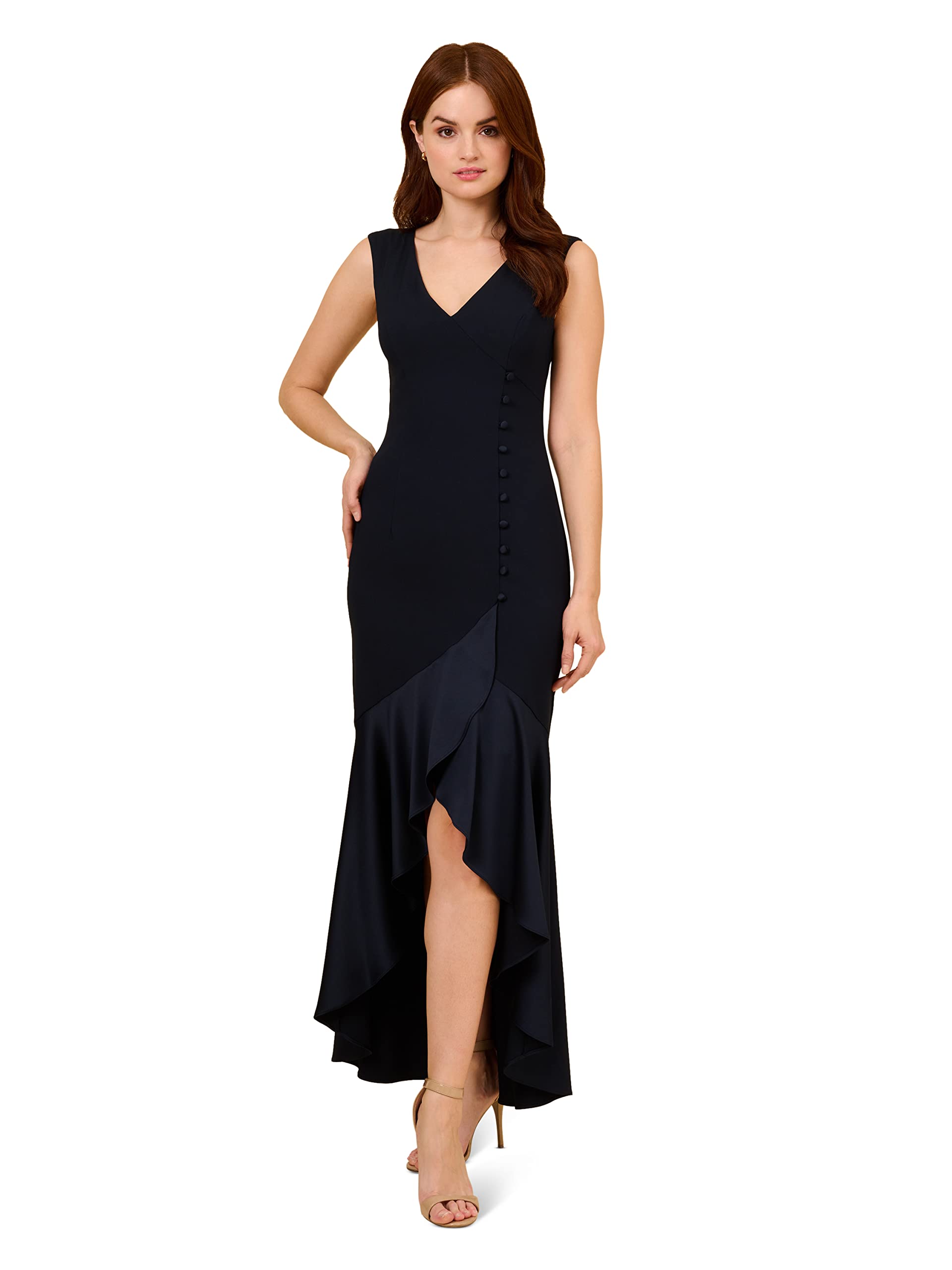 Adrianna Papell Women's Satin Crepe Button Front High-Low Gown - Elegant Evening Dress for Prom, Wedding & Formal Events
