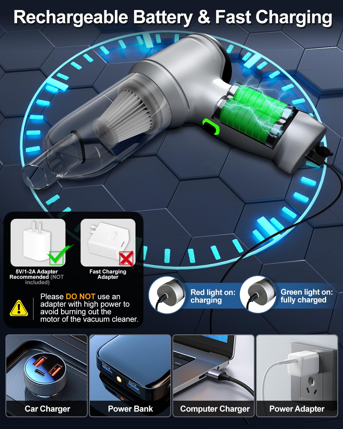 **15000PA Cordless Car Vacuum Cleaner - Powerful Handheld Vacuum with Brushless Motor, USB-C Fast Charging, 4-in-1 Air Blower & Inflator - Perfect for Car Detailing, Home Cleaning & Office Use**
