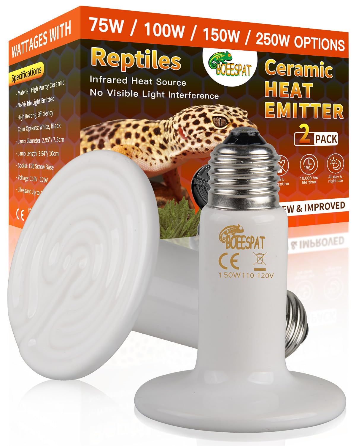 100W Ceramic Heat Emitters - 2 Pack Reptile Heat Lamp Bulbs for Iguana, Bearded Dragon, Lizard & Small Pets | Efficient White Infrared Heating for Terrariums, Vivariums & Pet Habitats