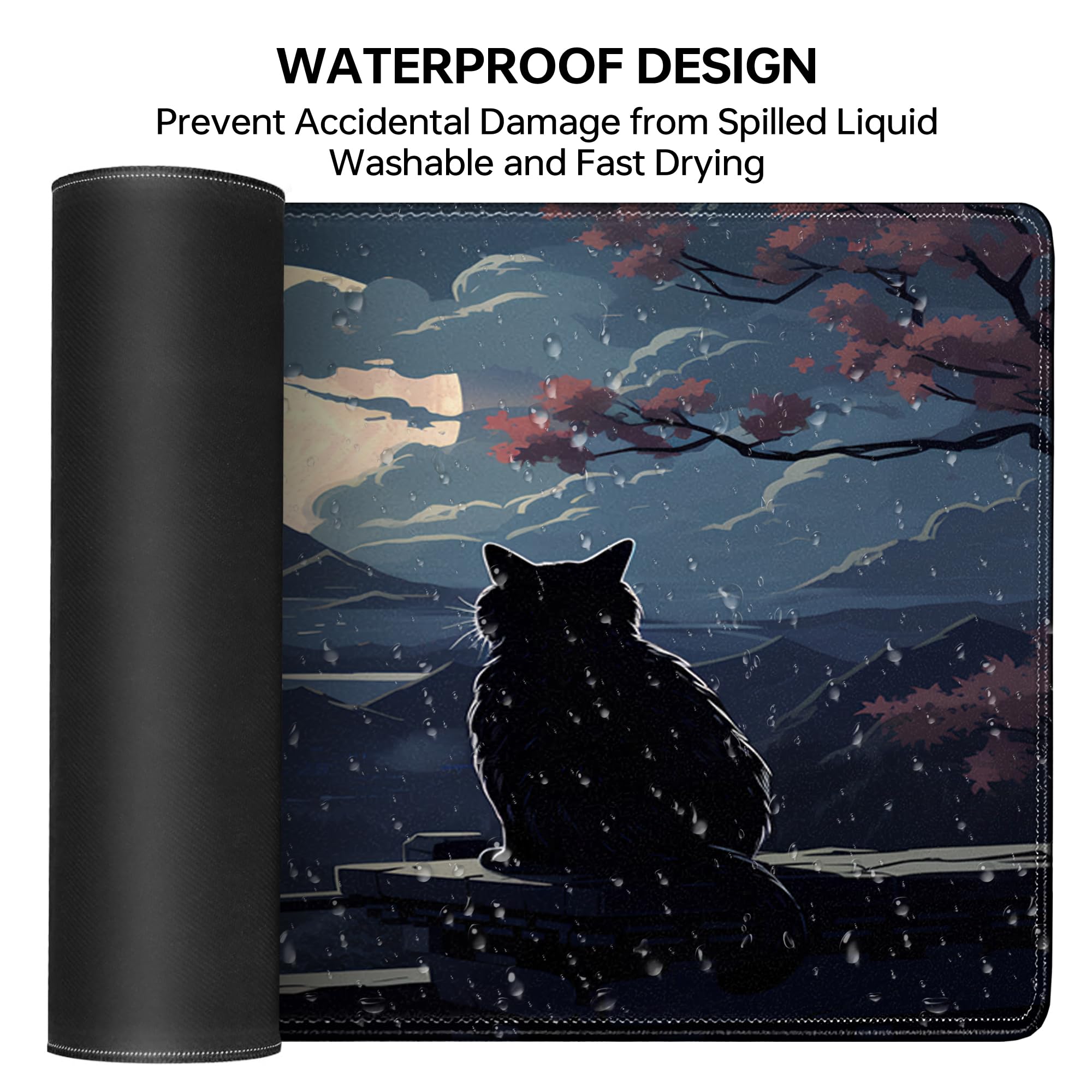 Moon Cat XXL Gaming Mouse Pad (31.5x15.7 Inch) - Extra Large Non-Slip Desk Mat with Stitched Edges for PC, Laptop, Office & Home Use - Cute Black Extended Keyboard Mousepad for Gamers & Work
