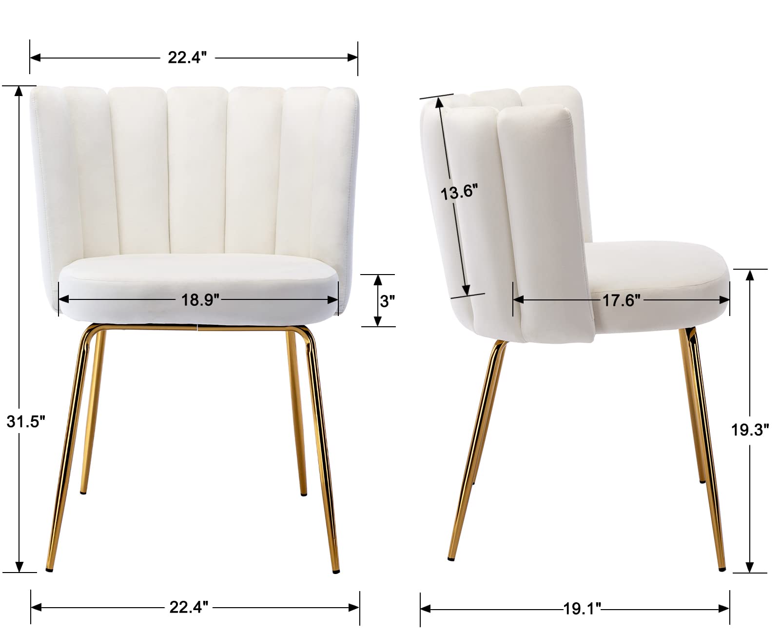 Modern Velvet Accent Dining Chairs Set of 2 - Upholstered Kitchen & Living Room Side Chairs with Gold Metal Legs, Cream - Perfect for Home, Restaurant, and Office Use