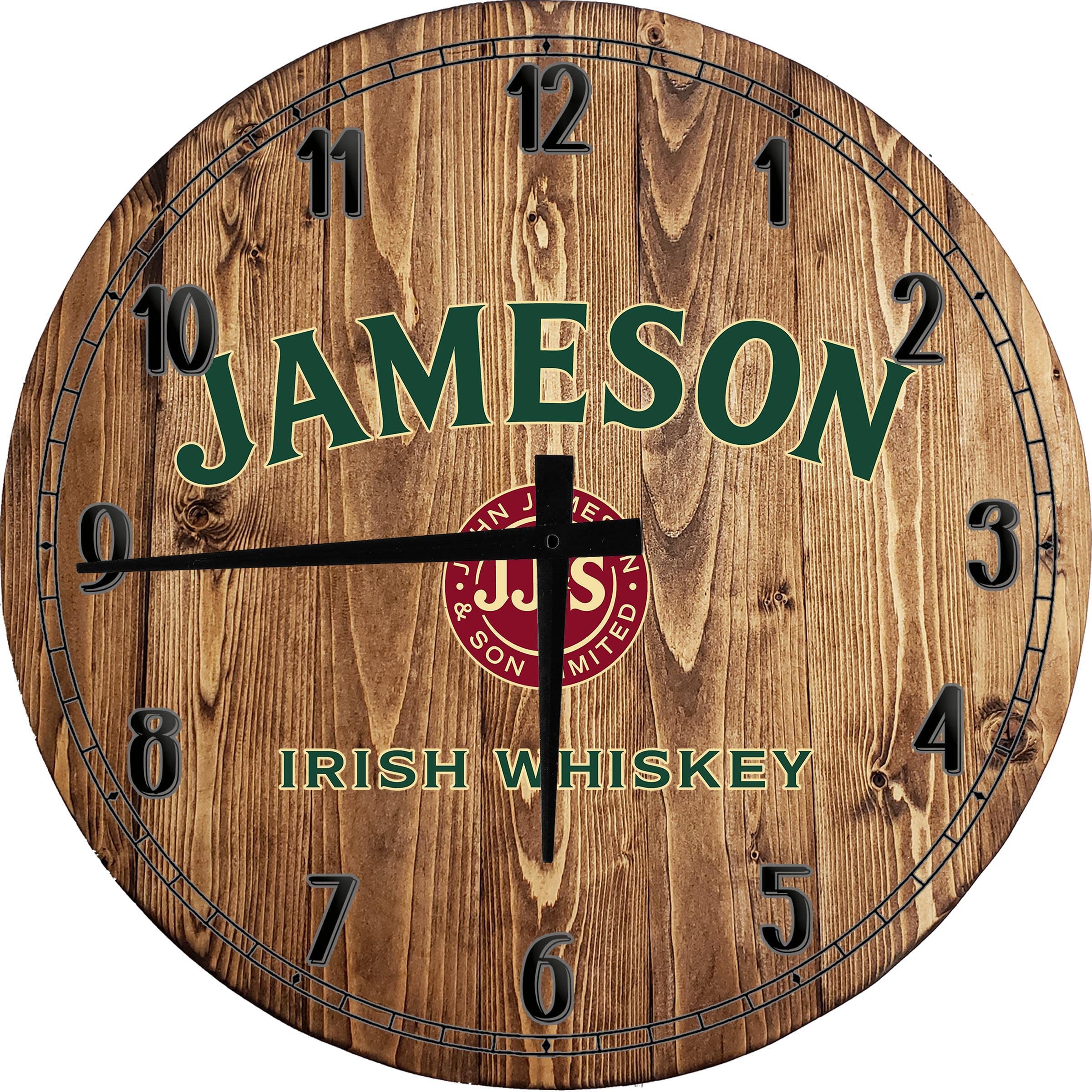 Jameson Lucky Whiskey Large Wall Clock - 18 Inch Vintage Bar Sign Decor for Home, Pub & Man Cave - Classic Walnut Brown Wall Art for Living Room, Office & Game Room