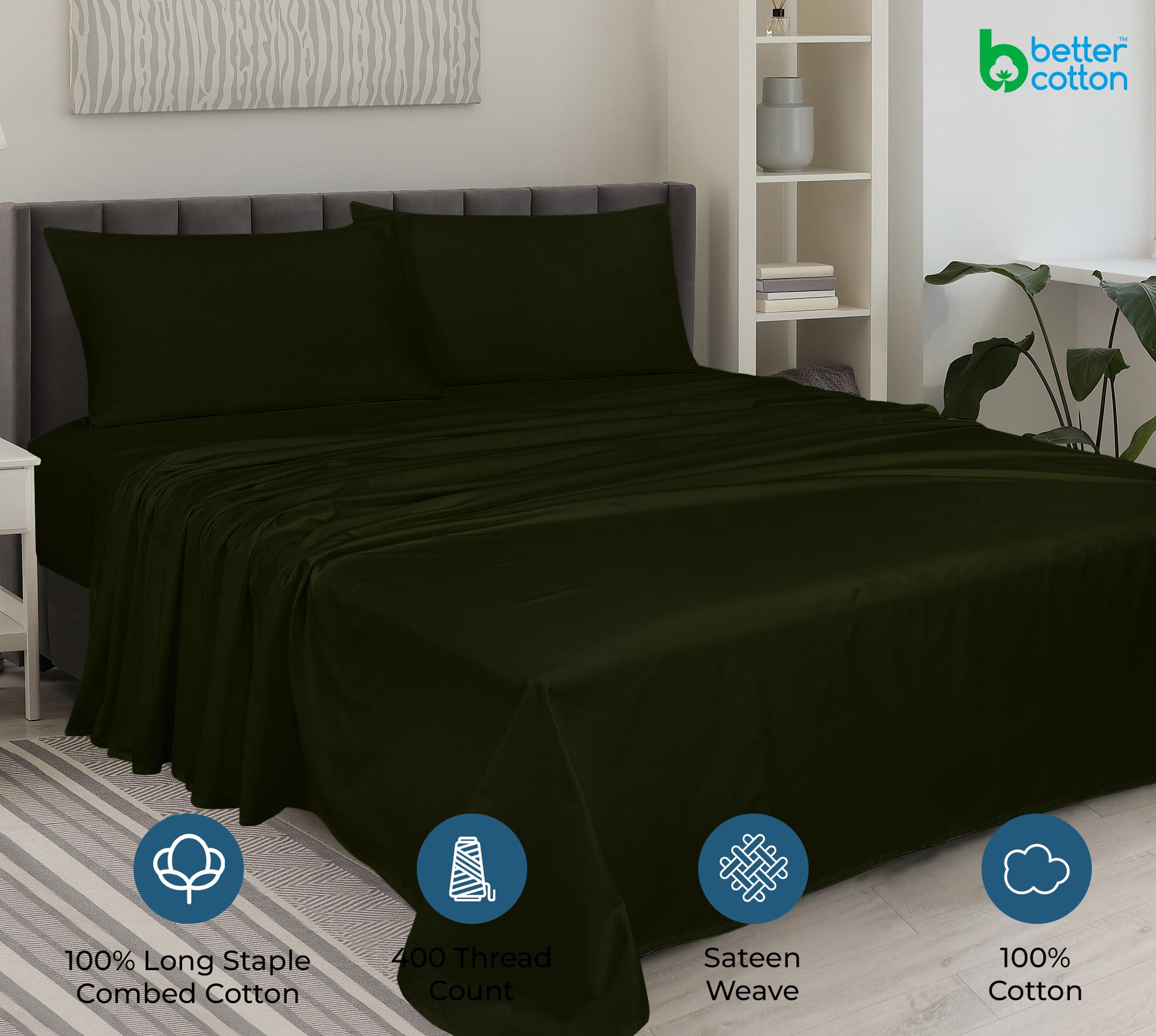 Royale Linens 400TC 100% Cotton Queen Sheet Set - Cooling Sateen for Comfortable Sleep