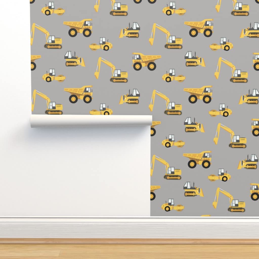 Removable Wallpaper 12ft x 2ft - Yellow & Grey Construction Truck & Crane Design | Pre-Pasted Peel & Stick Wallpaper for Nursery, Kids Room & Home Decor | Spoonflower Custom Wallpaper