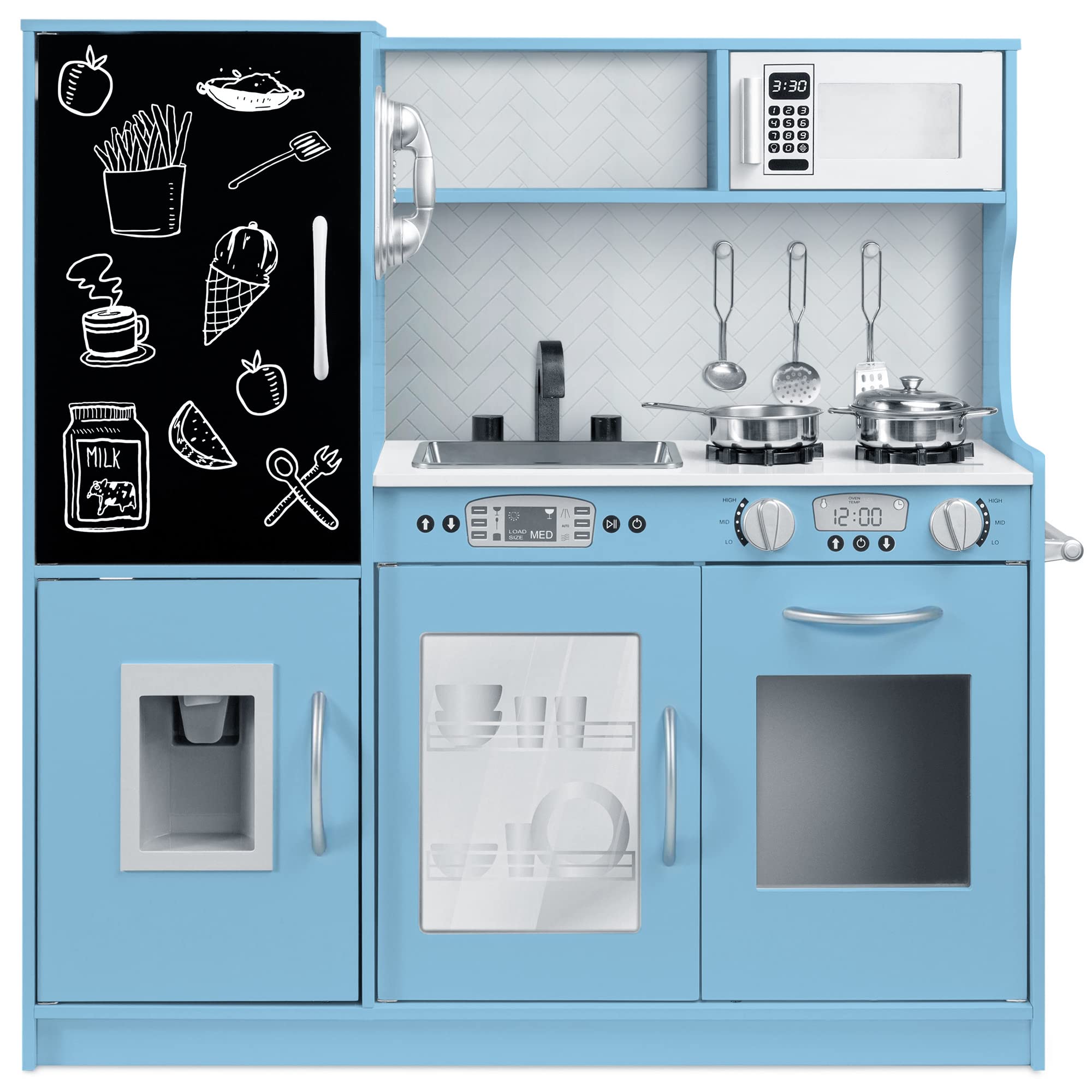 Best Wooden Pretend Play Kitchen Toy Set for Kids - Realistic Design with Oven, Microwave, Sink, Telephone & Utensils - Blue | Perfect for Imaginative Play, Role Playing & Early Learning at Home or Preschool