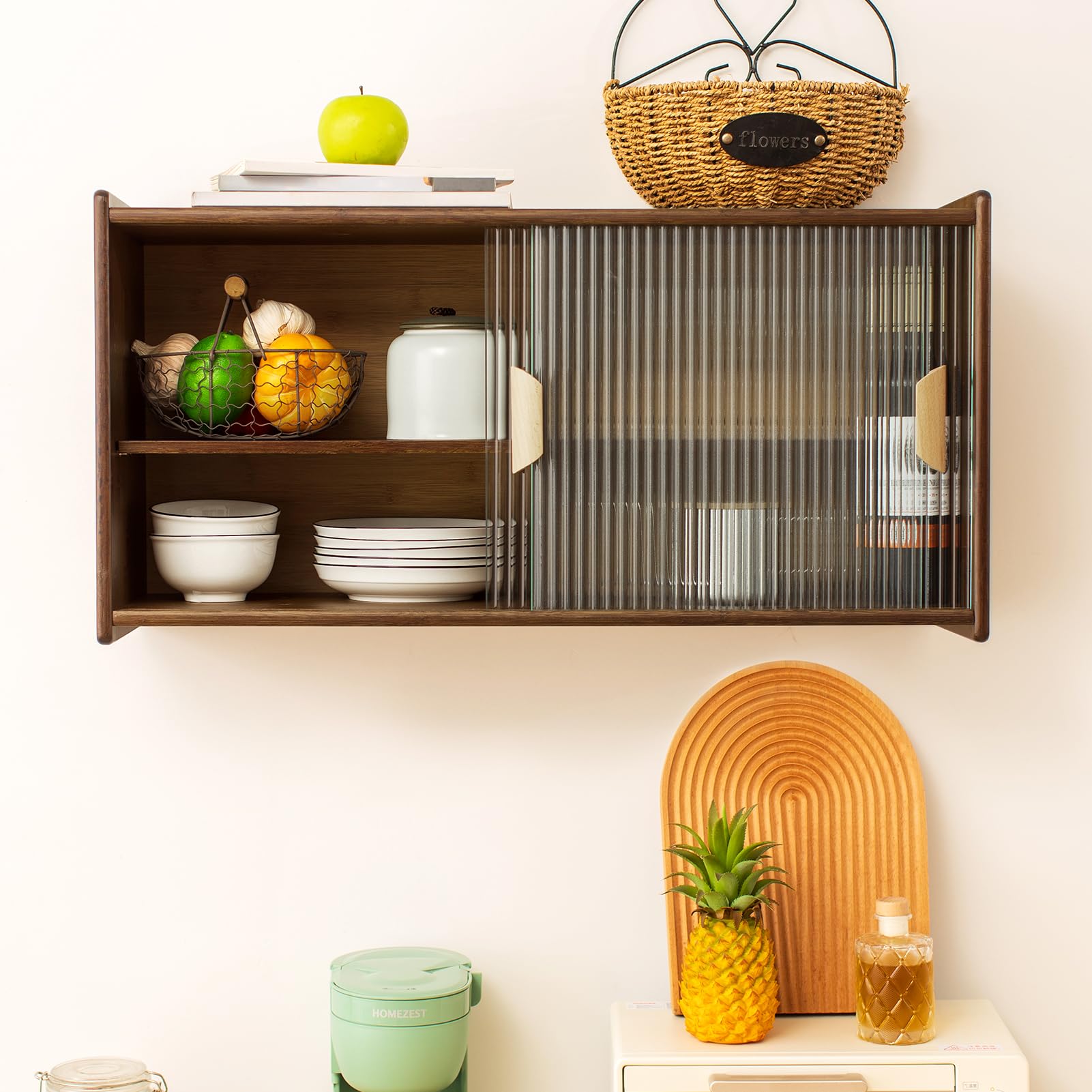 HollyHOME Small Bamboo Wall Mounted Kitchen Pantry Cabinet with 2 Doors - Coffee & Wine Bar Storage for Liquor, Glasses, Bottles & Dishes - Compact Sideboard for Dining Room, Living Room & Kitchen Organization (Walnut Finish)