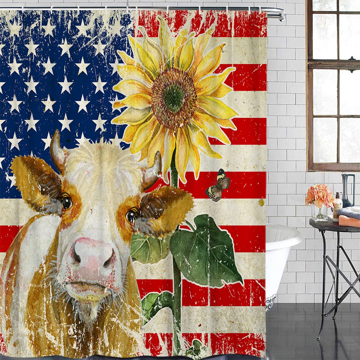 78 Inch Long Rustic Farmhouse Cow Sunflower American Flag Polyester Shower Curtain with Hooks - Waterproof Bathroom Decor for Showers & Bathtubs (72