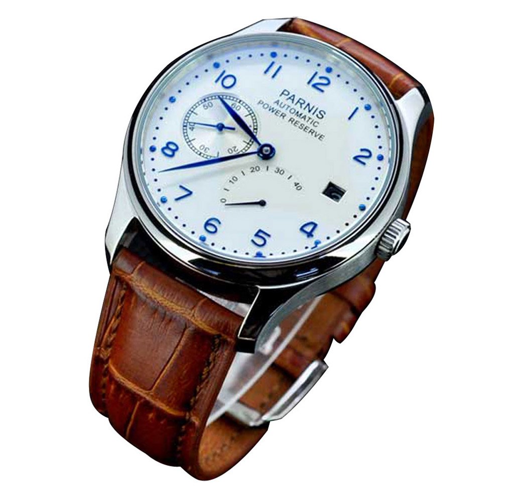 FANMIS Automatic Men's Watch with Power Reserve, White Dial & Blue Numbers, Date Calendar - Perfect for Business, Casual & Formal Occasions