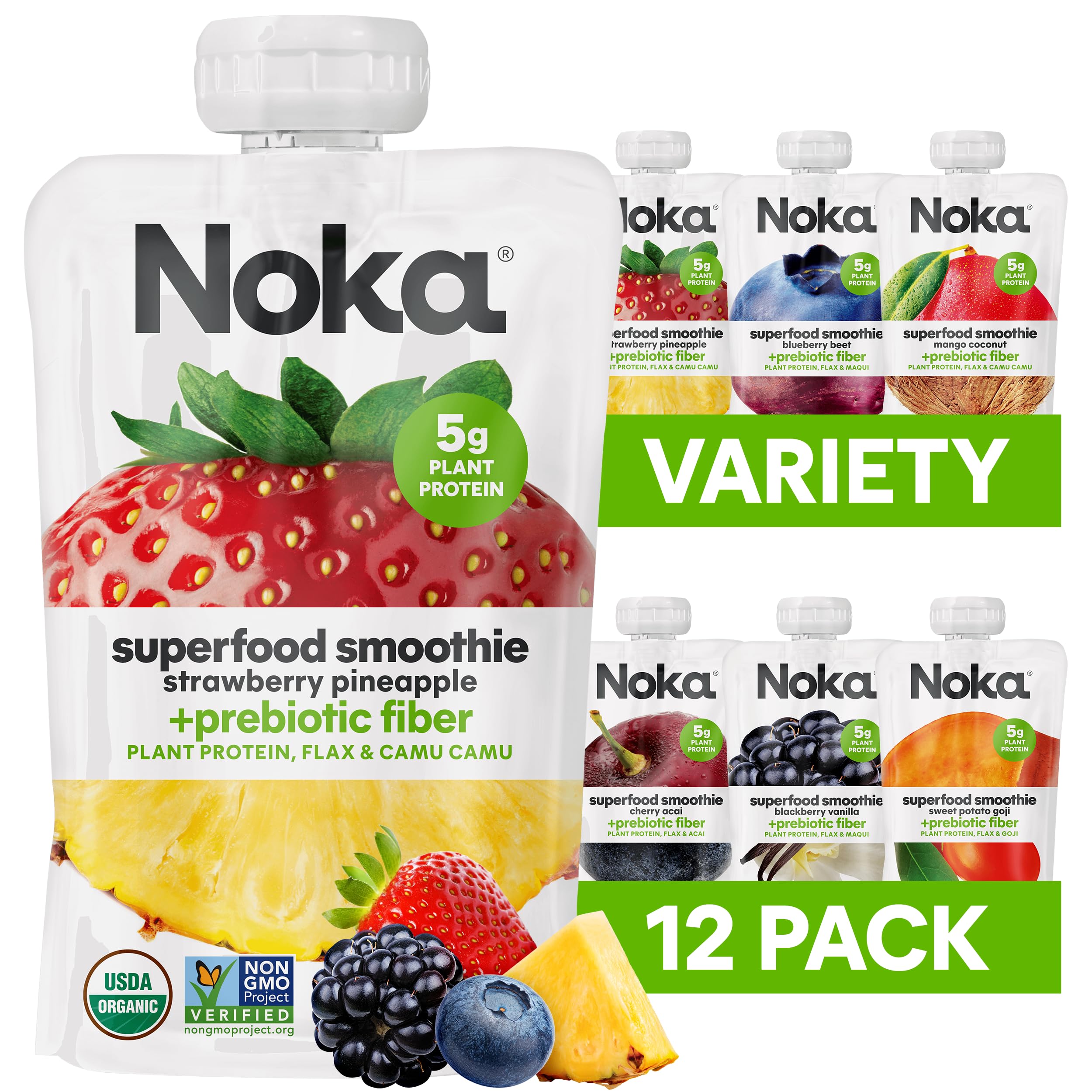 Noka Superfood Fruit Smoothie Pouches Variety Pack - Healthy Vegan Snacks with Flax Seed, Plant Protein & Prebiotic Fiber | Gluten-Free, Organic Squeeze Pouch (4.22 oz, 12 Count) | Perfect for On-the-Go Nutrition, Kids Lunchboxes & Post-Workout Recovery