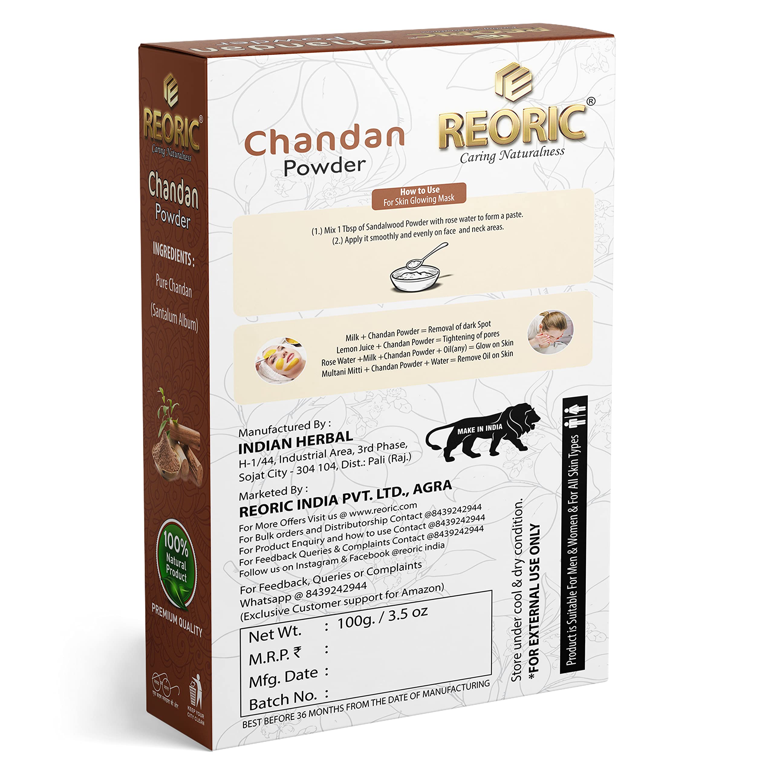 Organic Sandalwood Powder (Chandan) 100g - Pure & Natural for Skin Care, Face Masks, Body Scrubs & Puja Rituals - Reoric Premium Quality