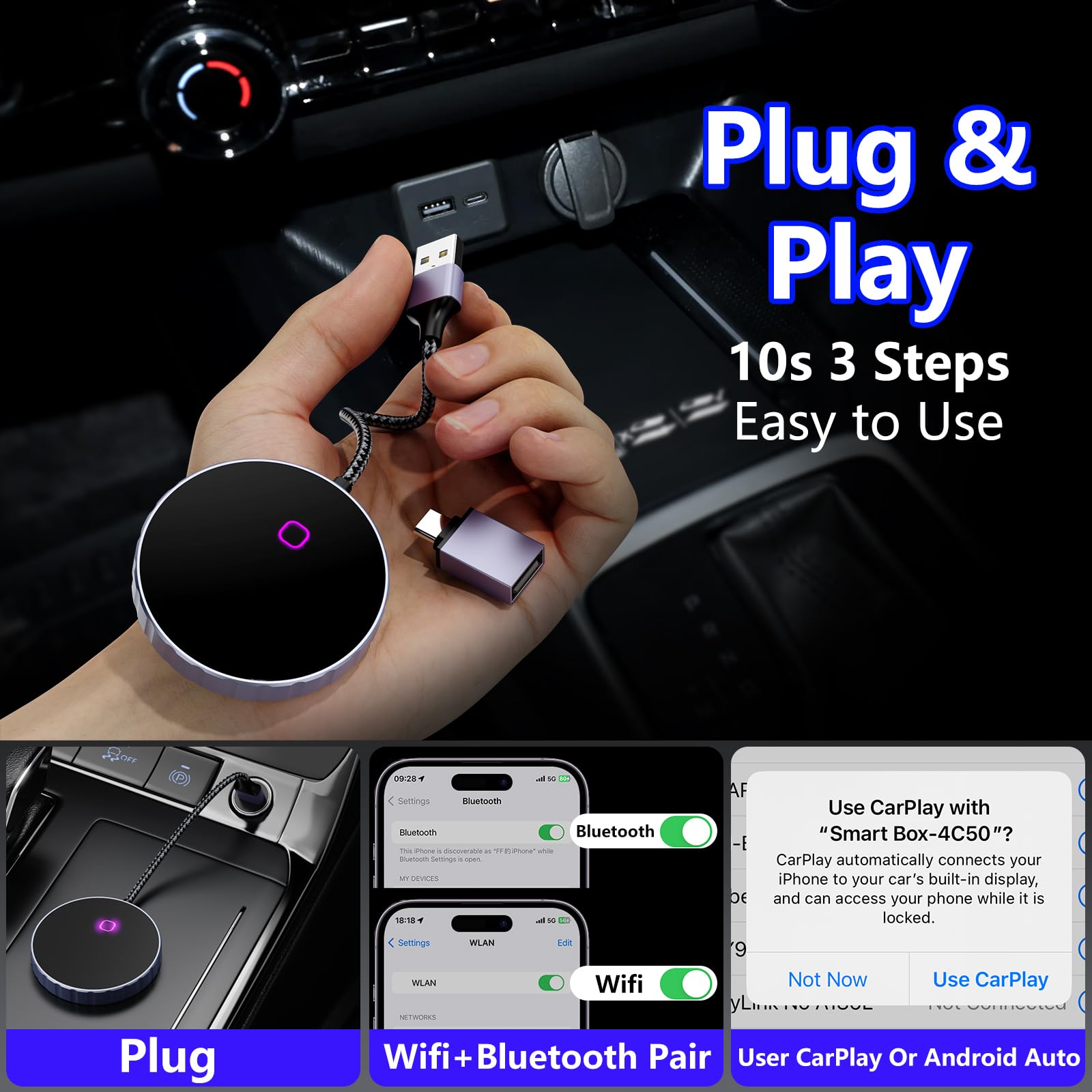 2024 Wireless CarPlay & Android Auto Adapter - 2-in-1 for Factory Wired Cars | Seamless Driving Connection
