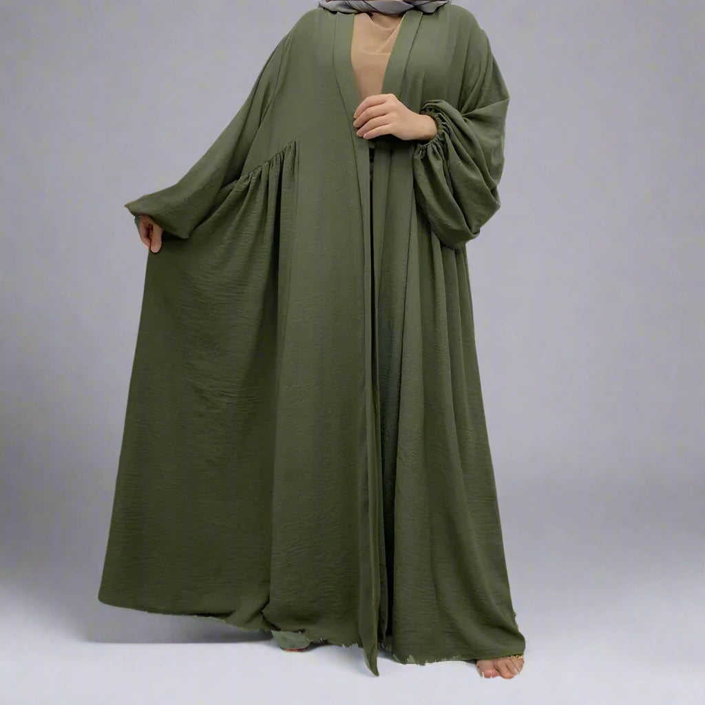 Stylish Elastic Puff Sleeve Muslim Women's Cardigan Open Abaya Dress - Perfect for Prayer, Modest Fashion & Everyday Wear