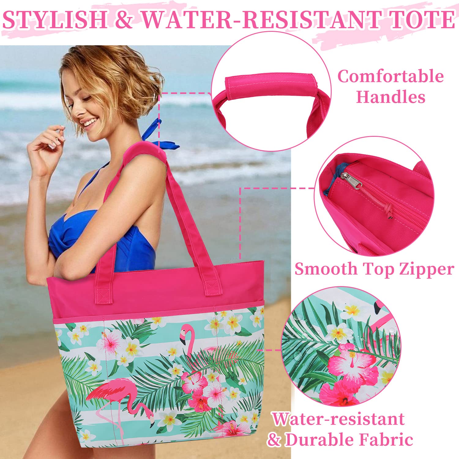 VX VONXURY Women's Large Lightweight Travel Gym Tote Bag - Water Resistant, Sandproof with Zipper & Dry Wet Separation - Perfect for Beach, Pool, Workout & Travel Accessories