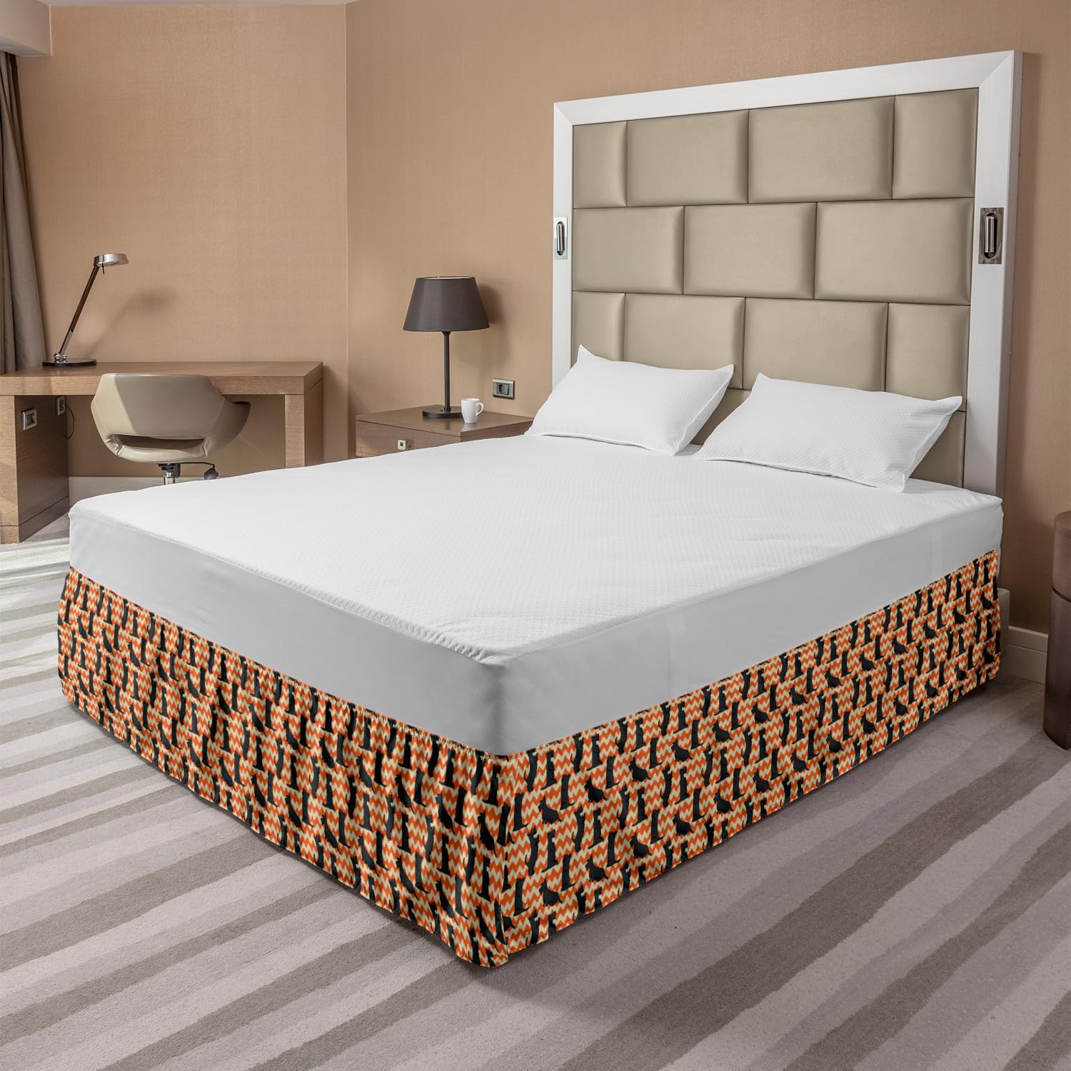 Ambesonne Scottie Dog Bed Skirt - Sketch Puppy Pattern on Chevron Zigzag Design, Elastic Wrap Around Dust Ruffle for Queen Size Beds, Dark Orange & Cream | Perfect for Pet Lovers' Bedroom Decor & Cozy Home Styling