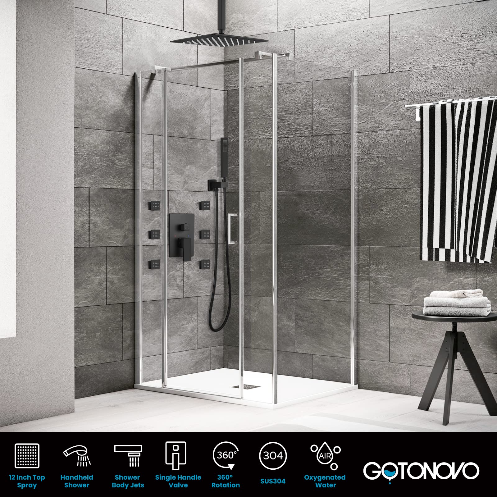 Gotonovo Matte Black Ceiling Mounted Rain Mixer Shower Faucet Set - 12 Inch Square Rainfall Shower Head with 6 Body Spray Jets, Brass Handheld Shower & Rough-in Valve - Perfect for Luxury Bathroom & Spa Experience
