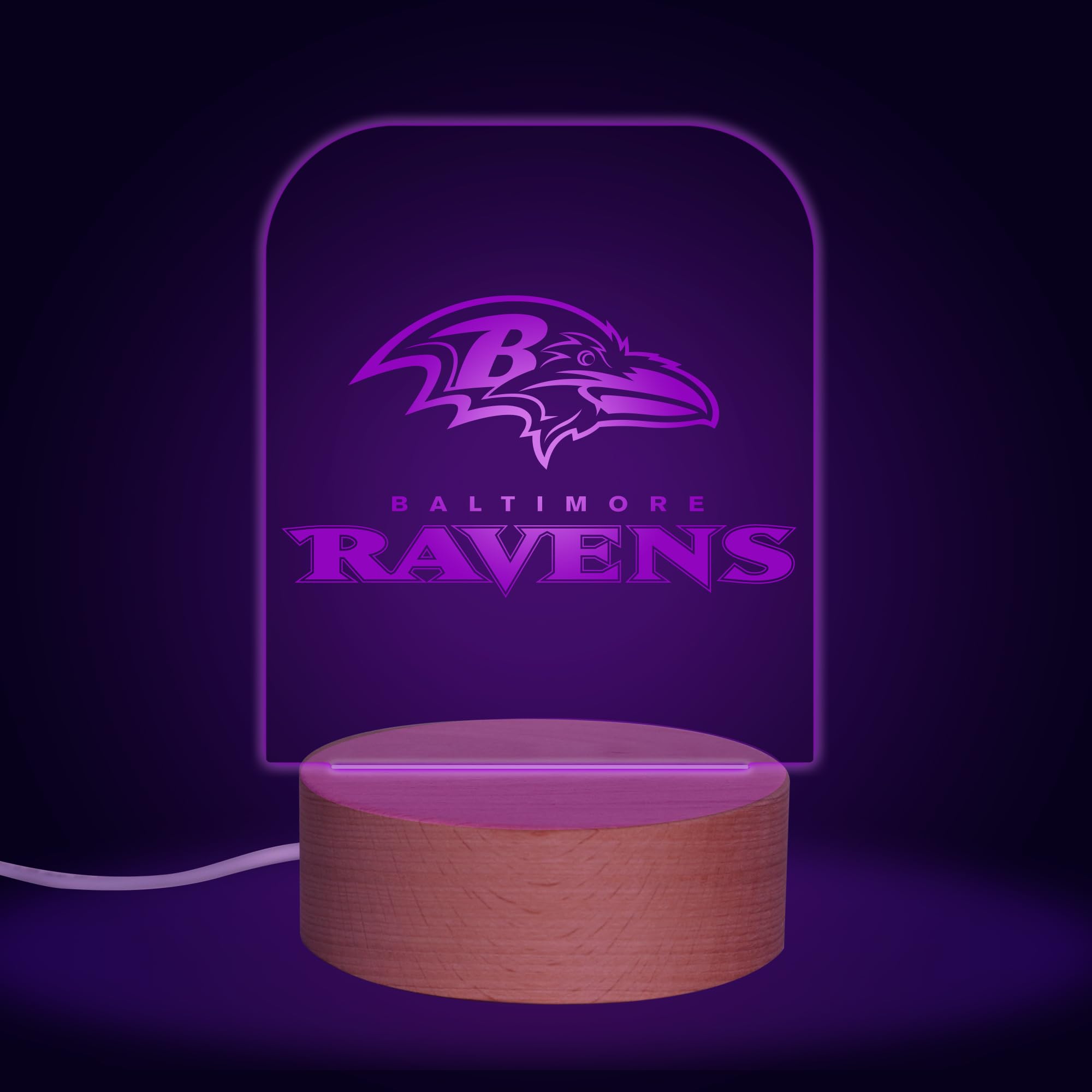 Baltimore Ravens NFL Team Logo LED Desk Light - 7 Color Changing Night Light with Wood Base & USB Cord - Perfect for Home, Office, and Game Room Decor