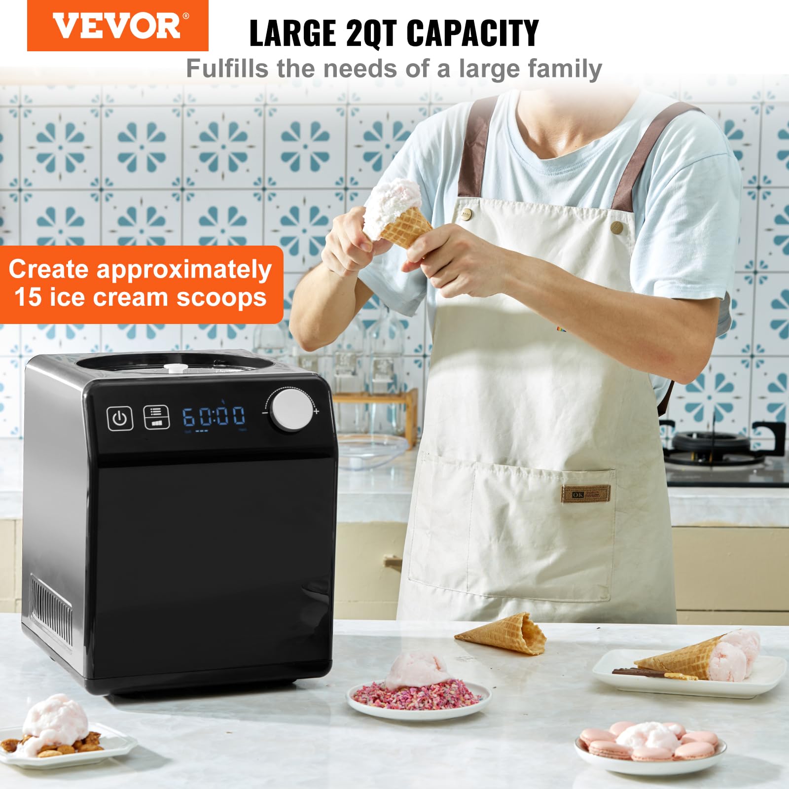 VEVOR 2 Quart Automatic Ice Cream Maker with Built-in Compressor, No Pre-Freezing Yogurt & Sorbet Machine, Stainless Steel Electric Gelato Maker with Digital Display & Timer - Perfect for Home Desserts, Parties, and Frozen Treats