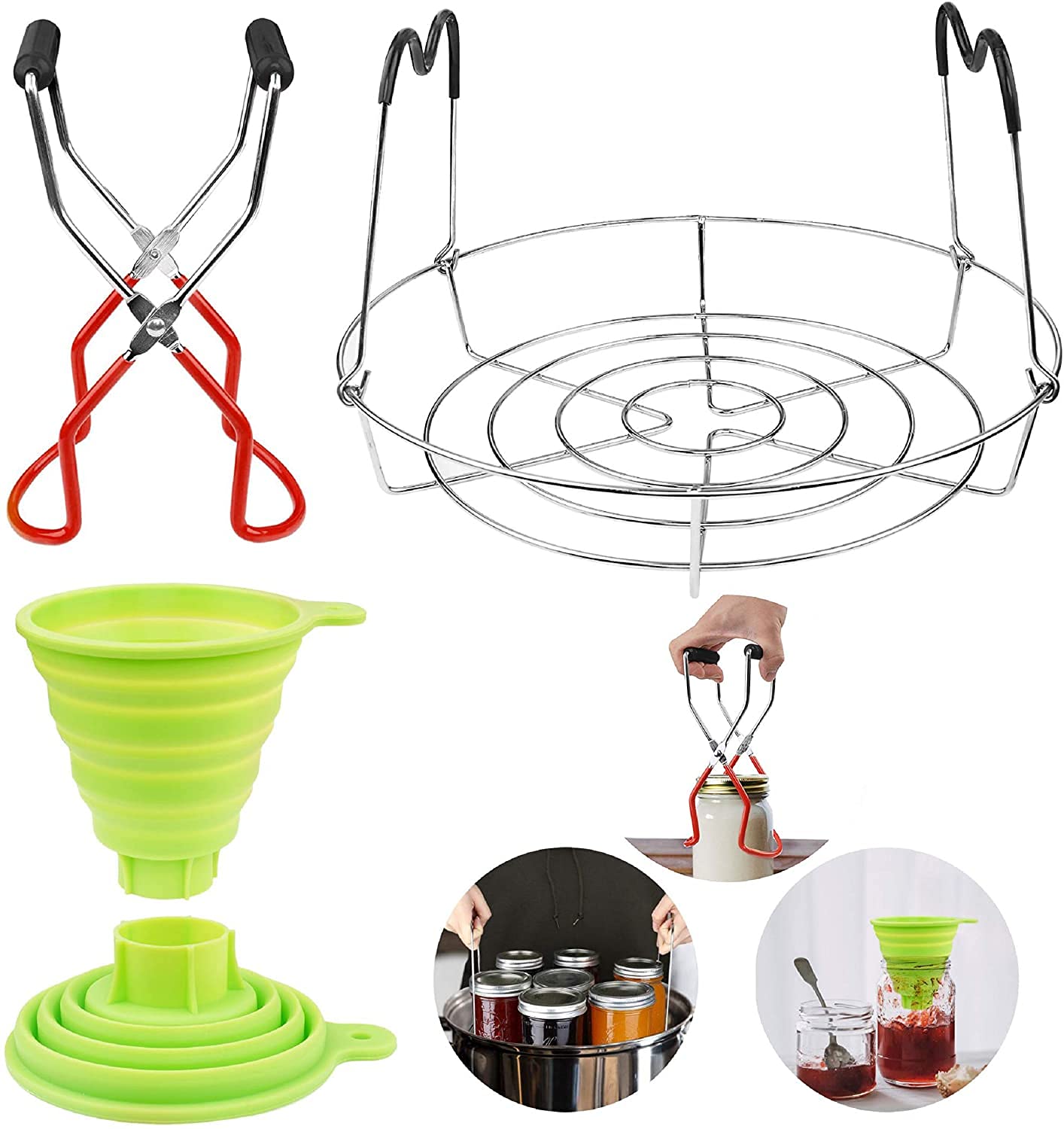 3-Piece Canning Supplies Kit - Stainless Steel Steamer Rack, Jar Lifter & Collapsible Silicone Funnel for Mason/Ball Jars (Regular/Wide Mouth) - Perfect for Home Canning, Preserving Fruits & Vegetables