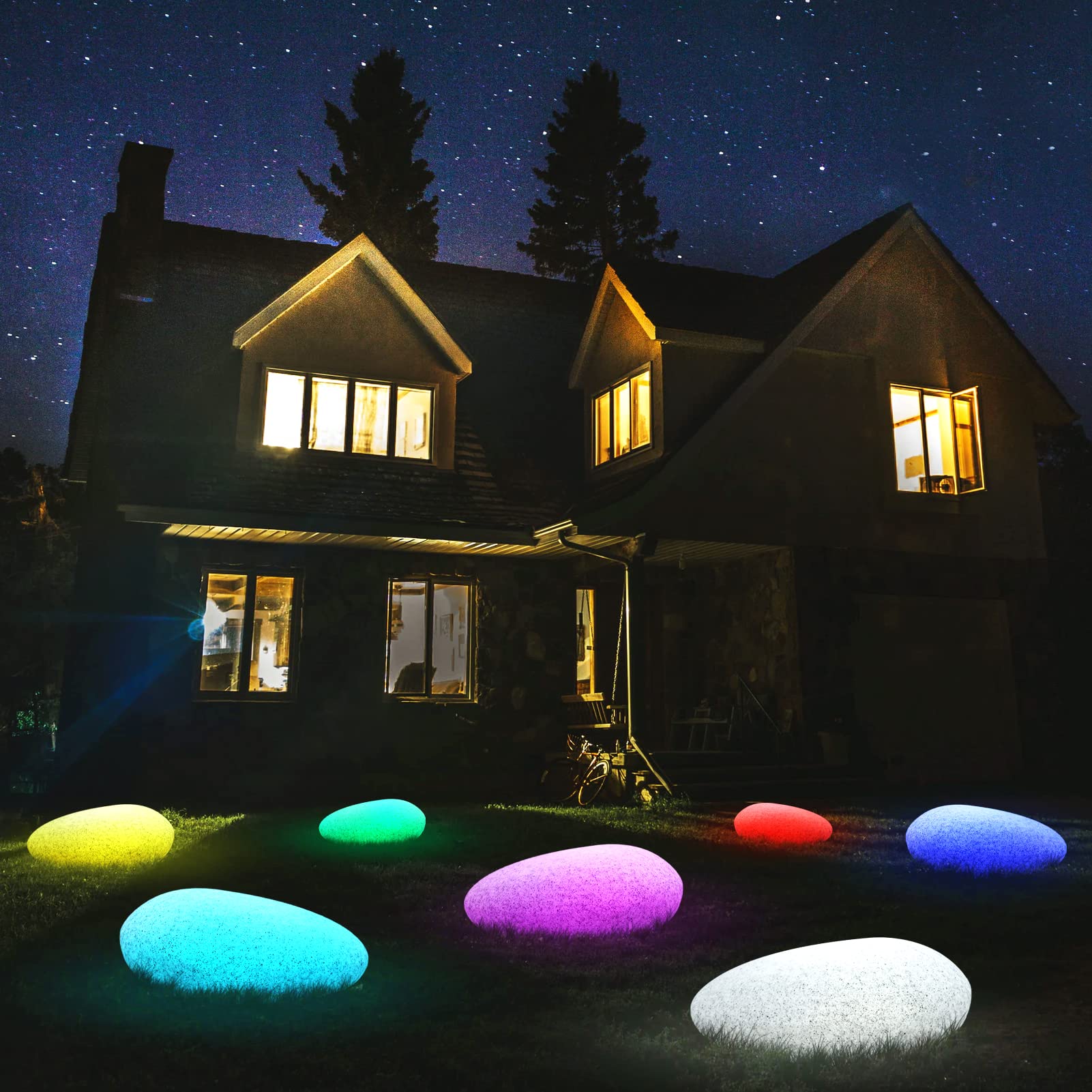 Solar Garden Lights Outdoor - Color Changing Waterproof Cobblestone Shape with Remote Control - Glowing Night Lights for Garden, Patio, Lawn, Pool Party (40x16cm) - Perfect for Landscape Lighting, Pathway Decor, and Outdoor Events