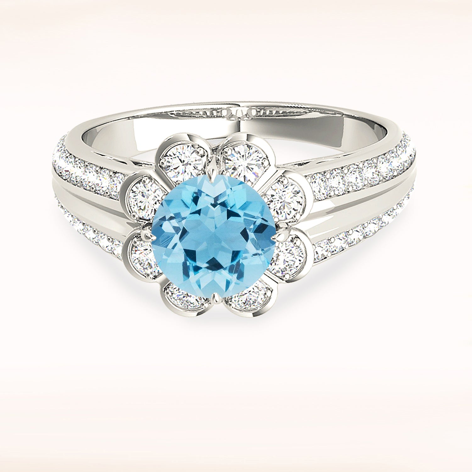 1.10 Ct Genuine Aquamarine Floral Halo Ring with Graduating Diamonds & 14K Solid Gold Band - Elegant Wedding, Engagement & Anniversary Jewelry Gift for Women