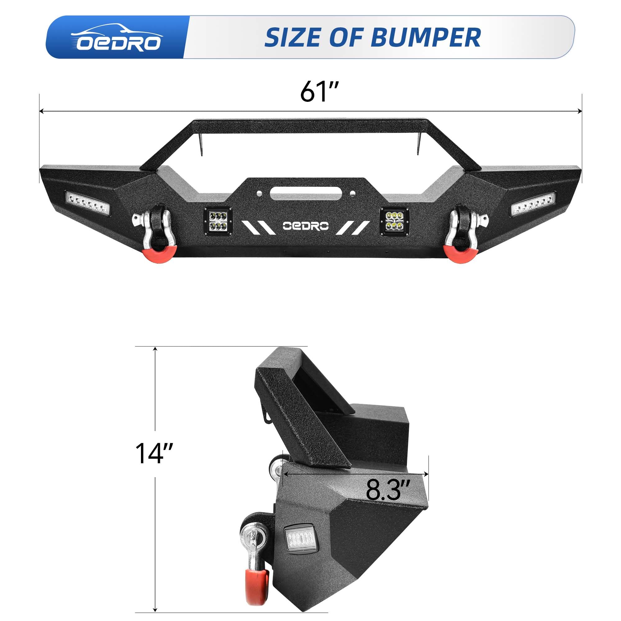 OEDRO Heavy Duty Front Bumper with Winch Plate & LED Lights for 2007-2018 Jeep Wrangler JK & Unlimited - Rock Crawler Off-Road Bumper with D-Rings for Trail Riding, Overlanding & 4x4 Adventures