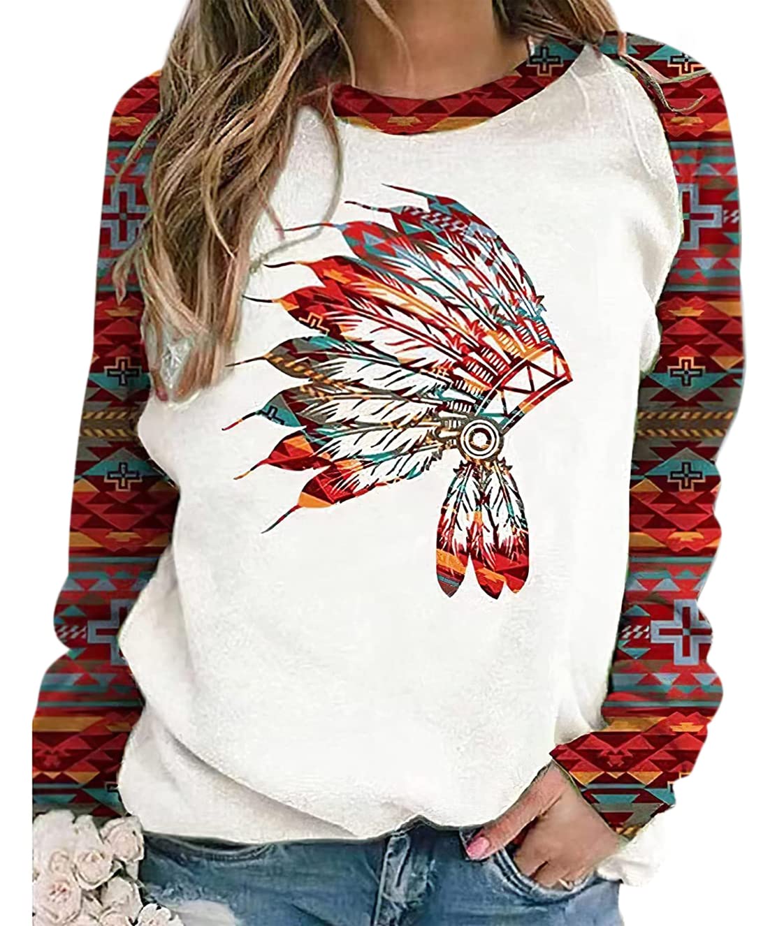 Lafolie Women's Western Aztec Print Crewneck Sweatshirt - Long Sleeve Ethnic Style Casual Top for Everyday Wear | Perfect for Fall Outfits, Western Theme Parties & Boho Fashion