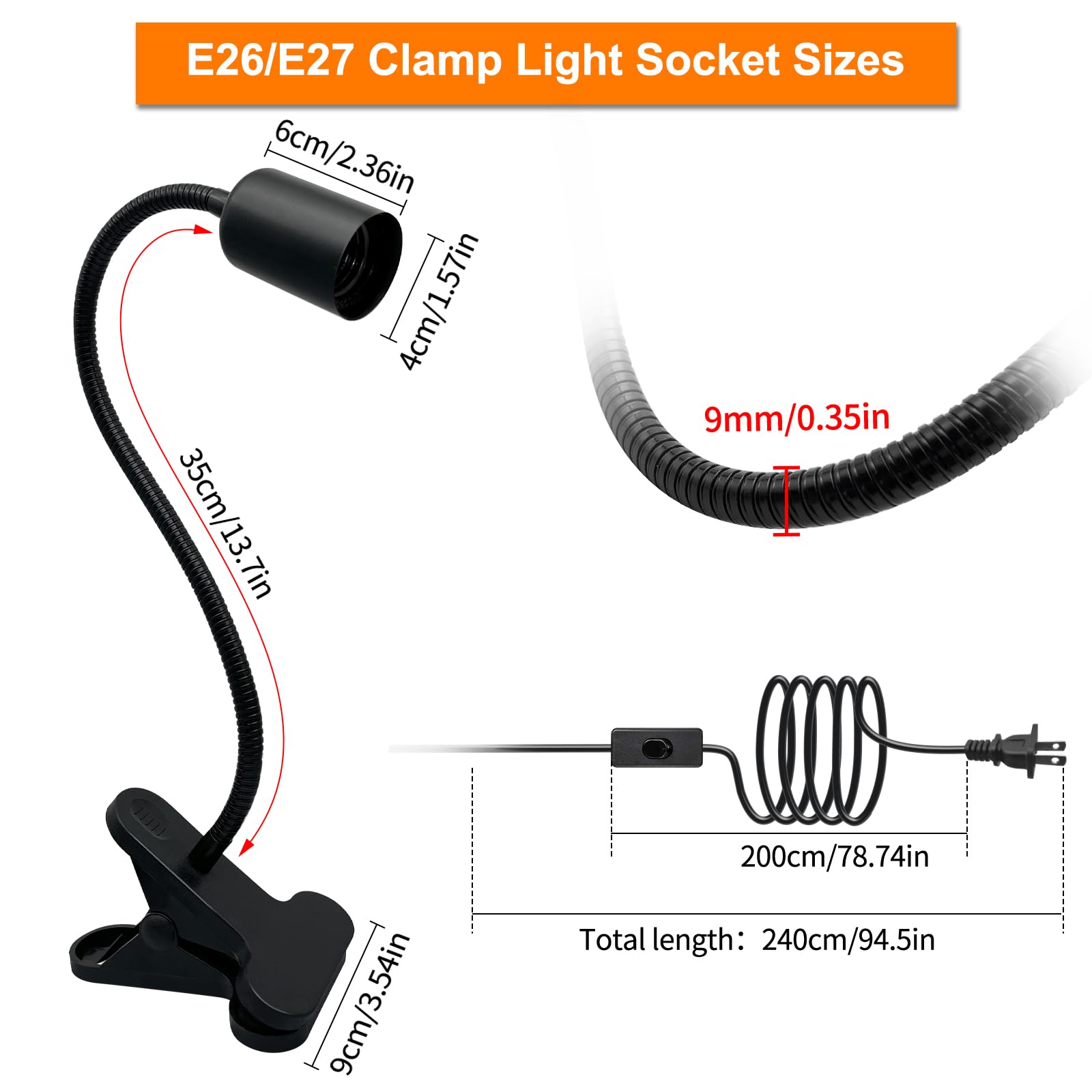 WTETMYL 240CM Cord Clamp Light Socket - E26/E27 Clip Lamp Holder with 360° Flexible Arm & On/Off Switch | Portable Desk Lamp for Home Office, Reading, Plant Growth Lighting (Black)