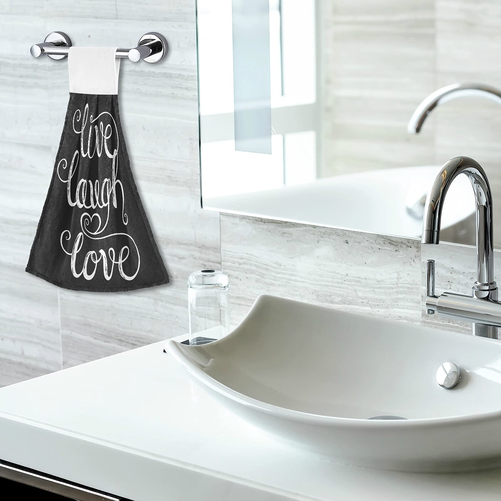 Black Heart Kitchen Hand Towels - 2 Pack Absorbent Hanging Towels with Loops for Bathroom & Kitchen Decor | Live Laugh Love Design | Perfect for Farmhouse, RV, and Home Use