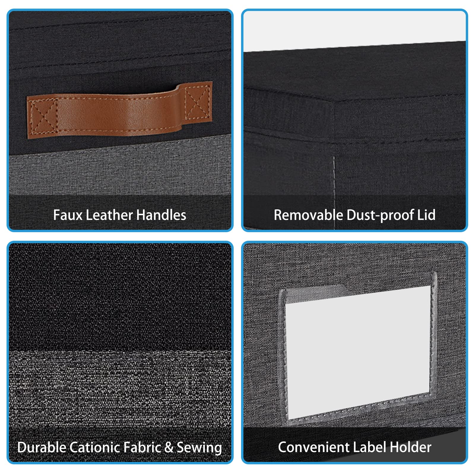 Extra Large Storage Bins with Lids 6 Pack - Foldable Fabric Storage Boxes with 3 Leather Handles & Label Window (15.75x11.8x10.2, Grey&Black) | Perfect for Closet Organization, Toy Storage & Home Decor