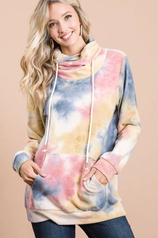 BiBi Brushed Tie Dye Overlapped Turtle Neck Sweatshirt | Soft Fleece Pullover for Women | Cozy Winter Fashion & Casual Outfit Essential