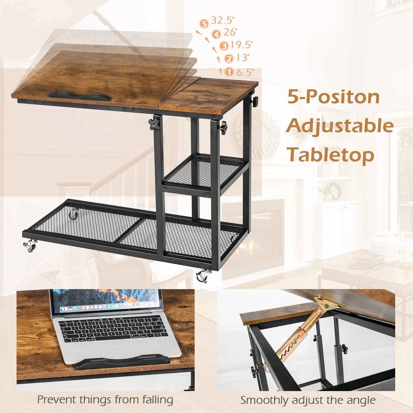 Tangkula Adjustable Height C-Shaped End Table with Lockable Wheels - Mobile Sofa Desk, Tiltable Tabletop, Storage Shelves - Perfect for Living Room, Bedroom, Home Office & Snack Table Use
