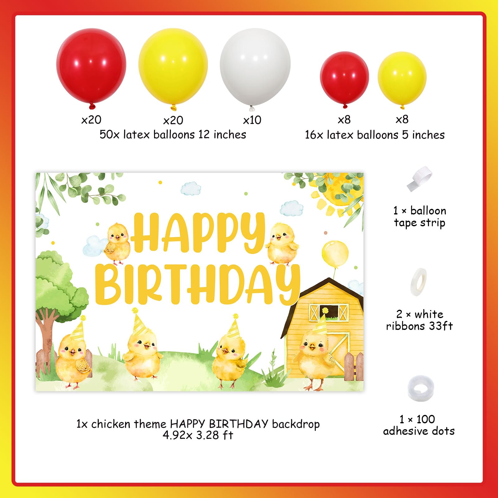 Kreatwow Chicken Birthday Decorations Kit - Happy Birthday Backdrop, Yellow Balloon Garland, Chick & Farm Animal Party Supplies for Farm-Themed Birthday Celebrations | Perfect for Kids' Birthday Parties, Barnyard Events & Farm Animal Lovers
