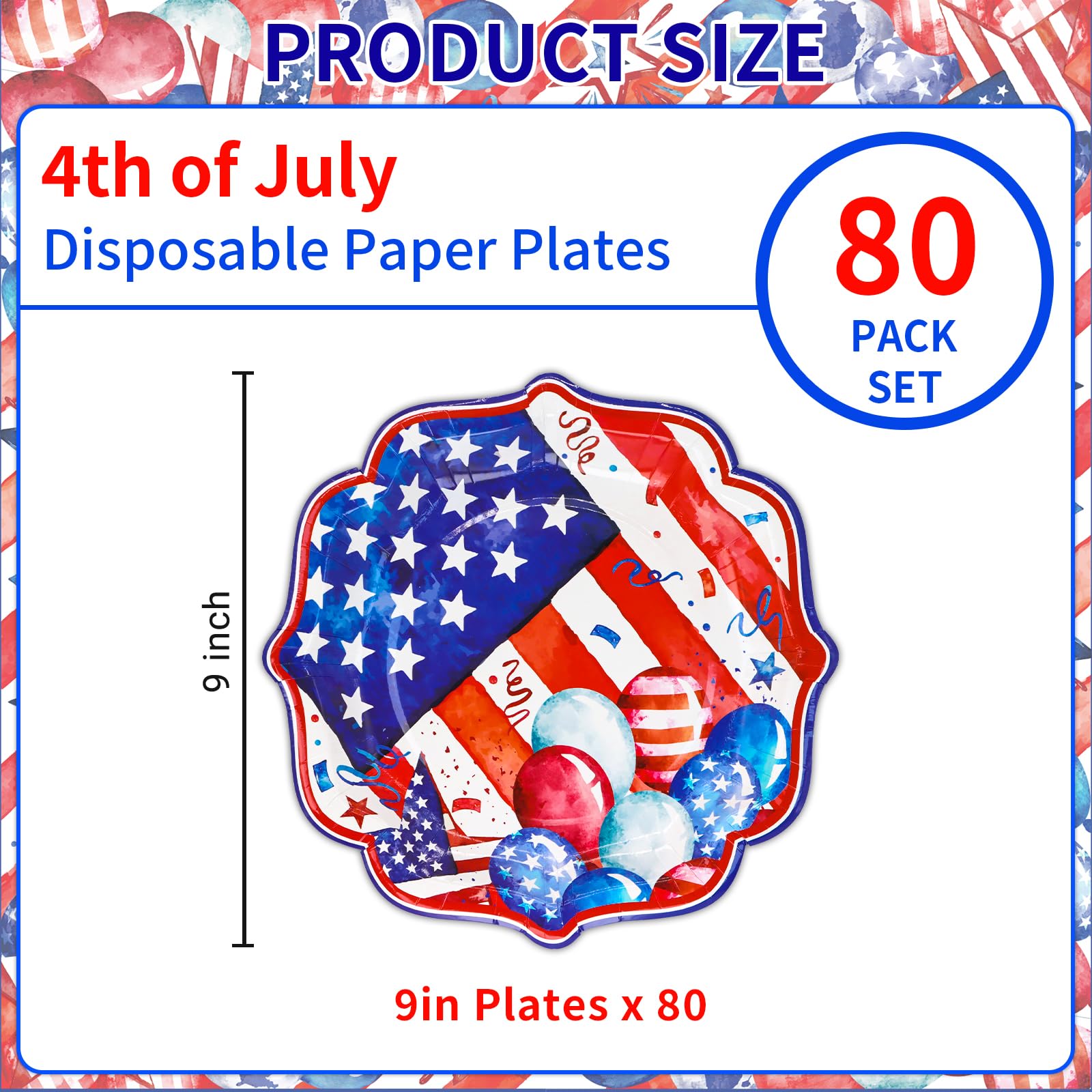DYLIVeS 4th of July Patriotic Paper Plates - 9 Inch Disposable American Flag Star Plates for Memorial Day, Veterans Day & Independence Day Party Decorations - 80 Pack - Perfect for BBQs, Picnics & Patriotic Celebrations