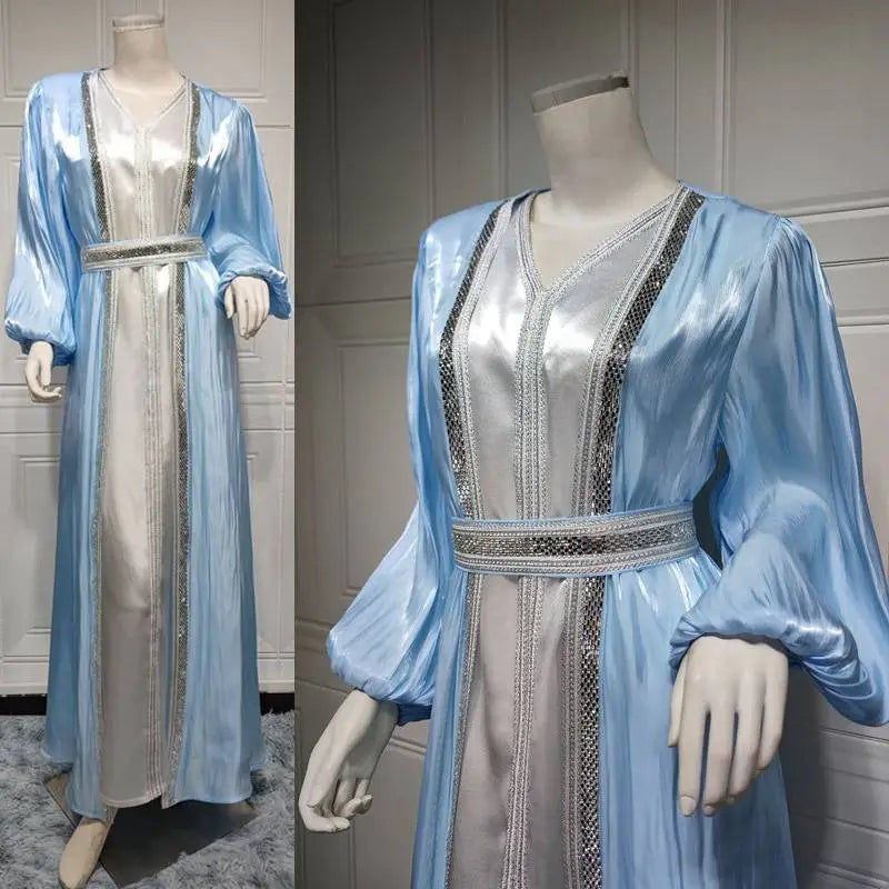 Elegant 2-Piece Eid Dress Set - Hotfix Rhinestone Satin Open Abaya Kaftan with Matching Sleeveless Inner Dress | Perfect for Eid Celebrations, Weddings & Special Occasions