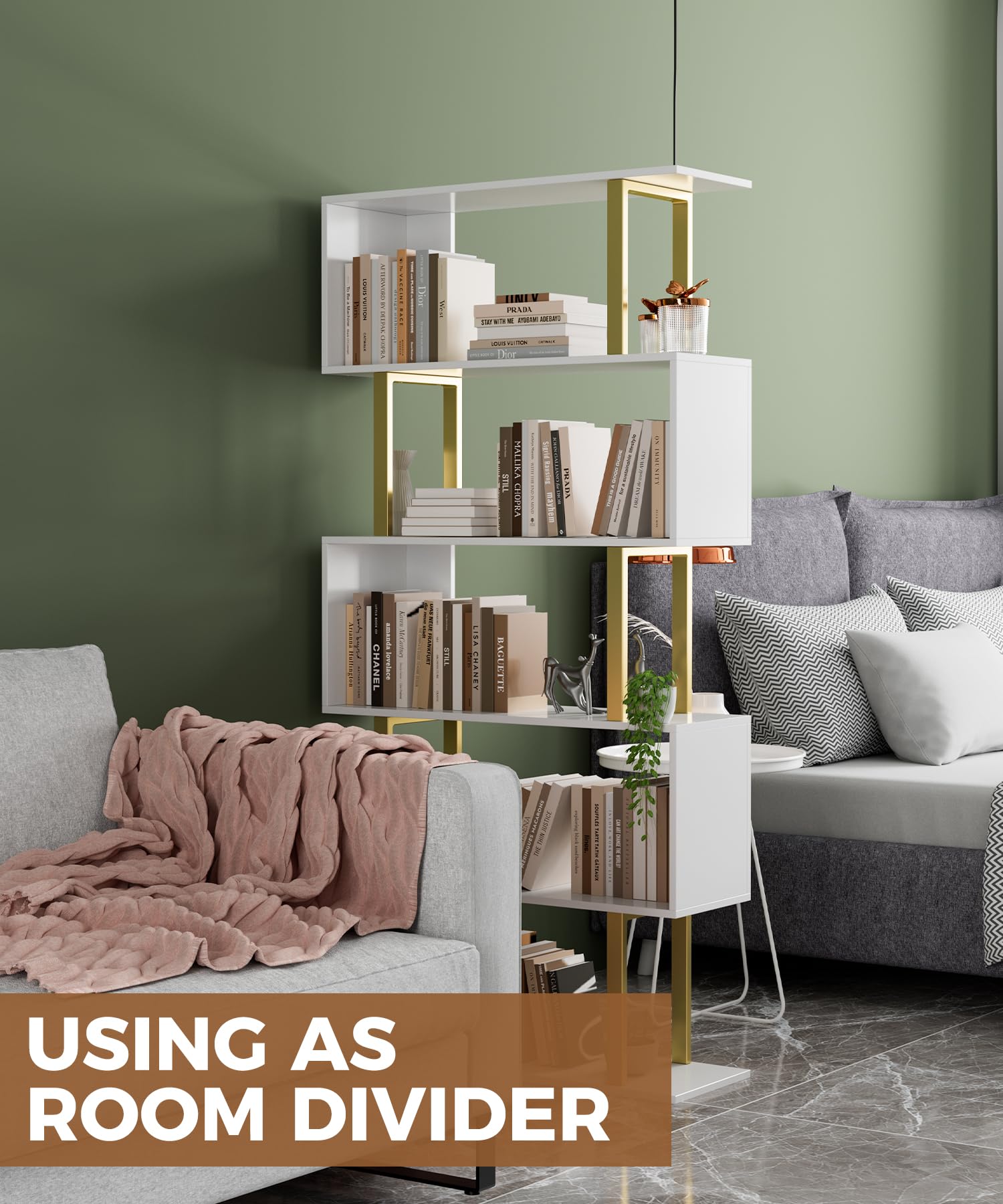 Gadroad 5-Tier Geometric Bookcase - Modern S-Shaped Wooden Bookshelf with Gold Finish, Freestanding Decorative Storage Shelf for Living Room & Bedroom | Perfect for Displaying Books, Decor & Collectibles