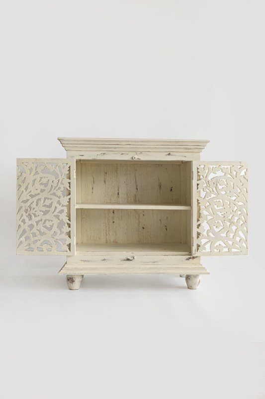 Hand Carved Natural Wood Beige Two-Door Hallway Cabinet - Perfect for Entryway Storage & Home Decor
